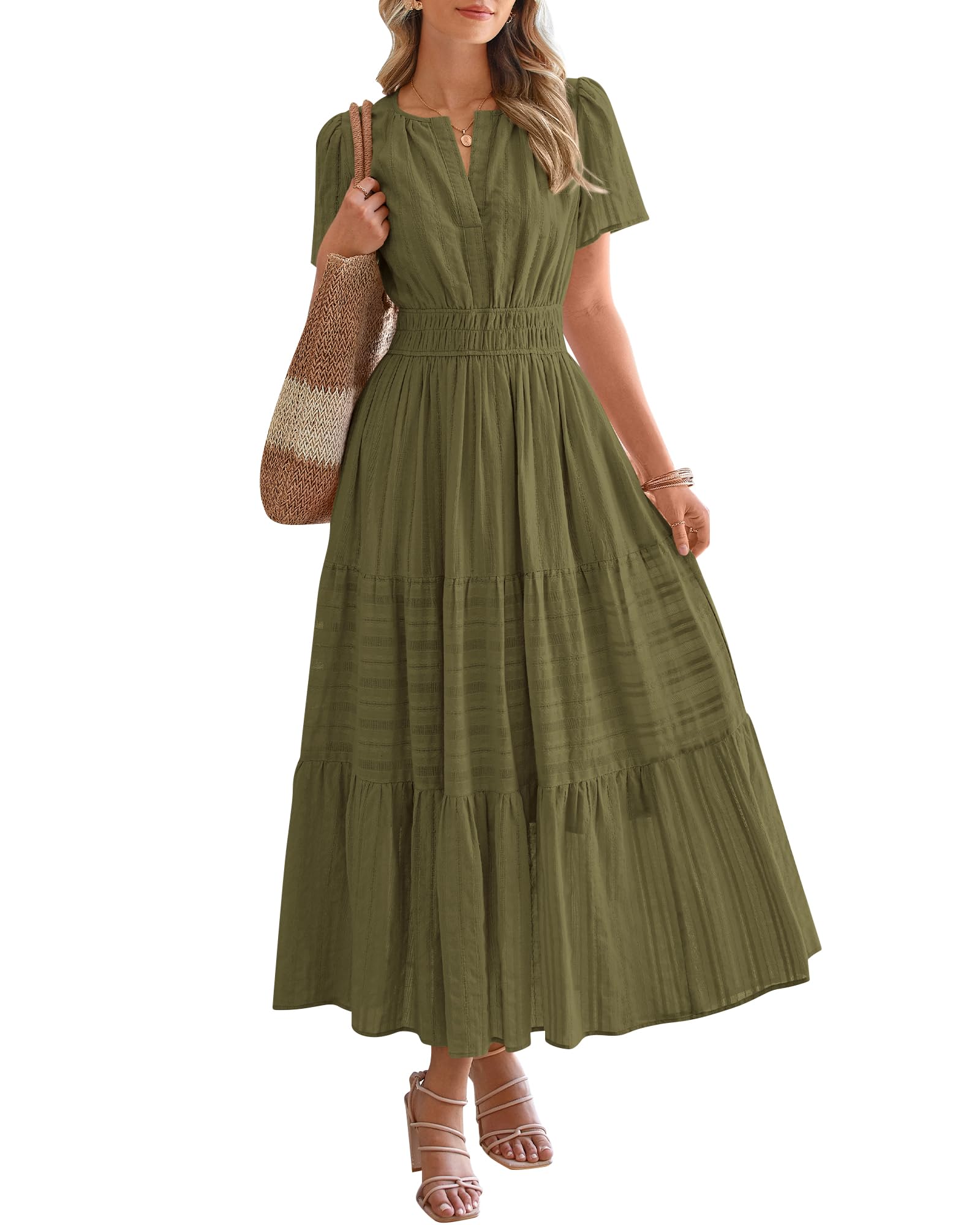 Womens Summer 2026 Casual Maxi Dresses | Lightweight Short Sleeve V Neck,Elastic Waist A Line Long Dress,Boho Beach Dress Pockets,Vacation Outfits,Fashion Clothing