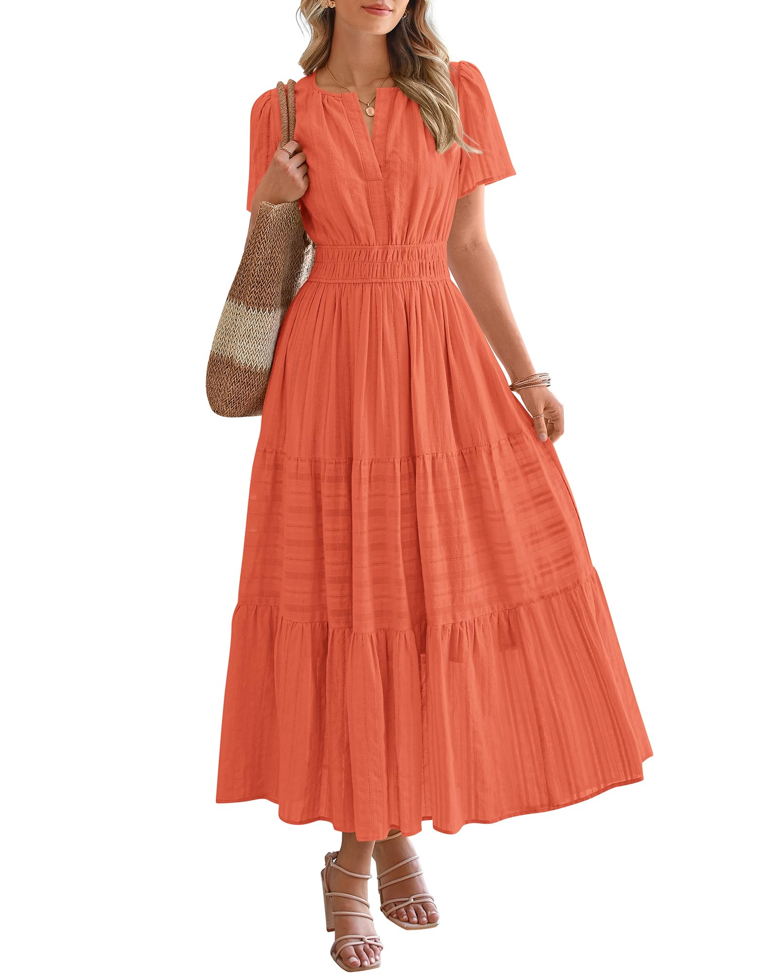Womens Summer 2026 Casual Maxi Dresses | Lightweight Short Sleeve V Neck,Elastic Waist A Line Long Dress,Boho Beach Dress Pockets,Vacation Outfits,Fashion Clothing