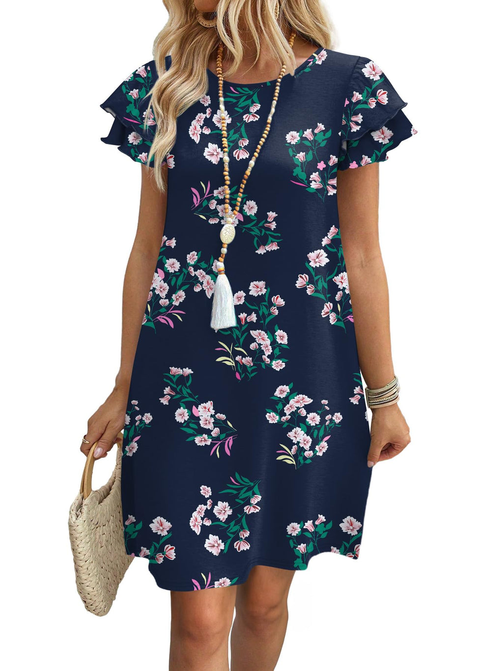 Womens Summer Dresses 2026 Ruffle Sleeve Round Neck Loose Swing Sundresses with Pockets Plain/Print