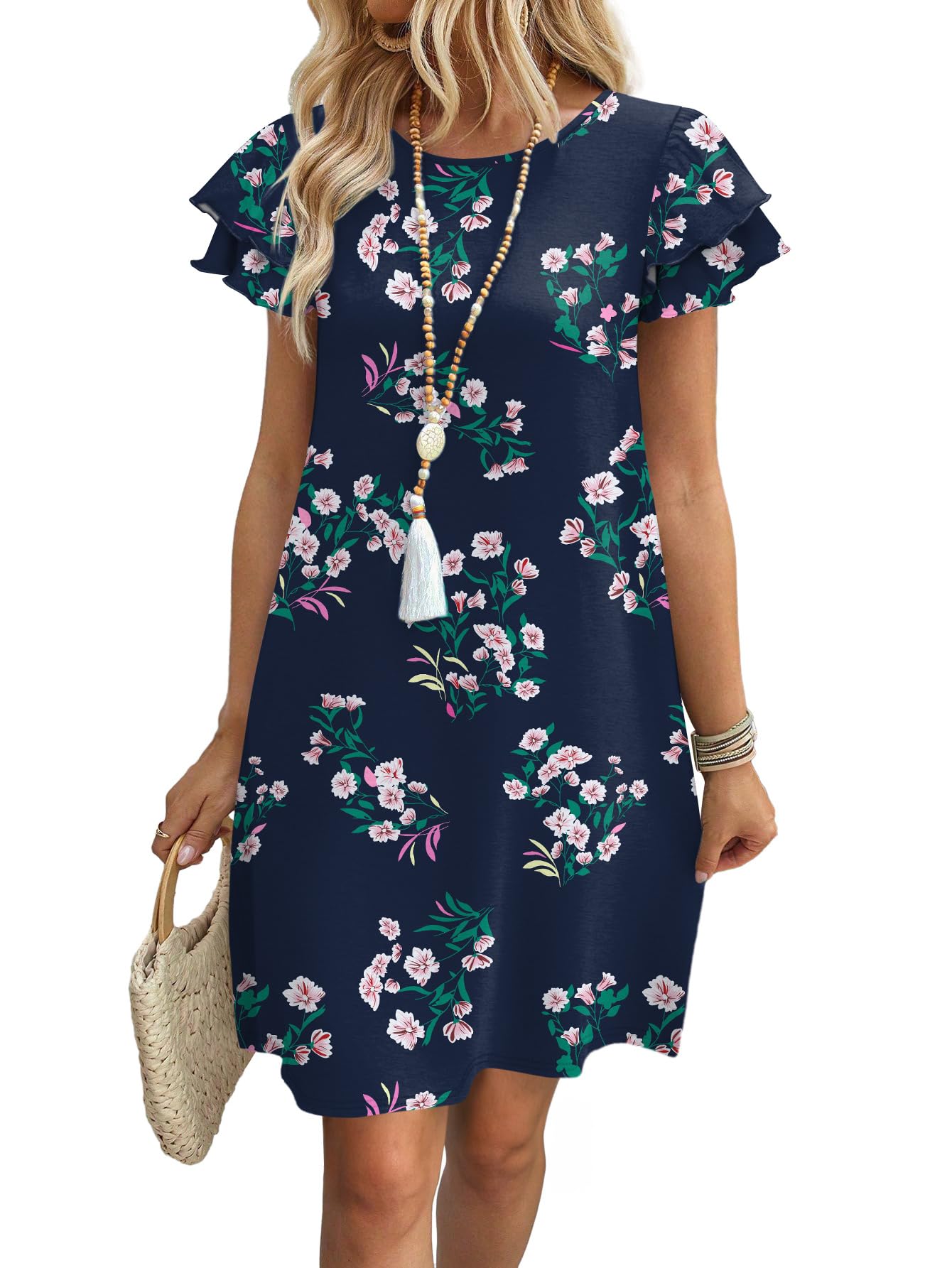 Womens Summer Dresses 2026 Ruffle Sleeve Round Neck Loose Swing Sundresses with Pockets Plain/Print