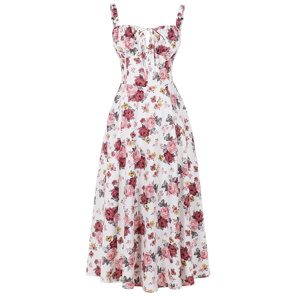 Women Floral Corset Dress Summer Dress 2026 Boho Flowy Slit Lace Up Midi Dresses Going Out A Line Casual Sundress