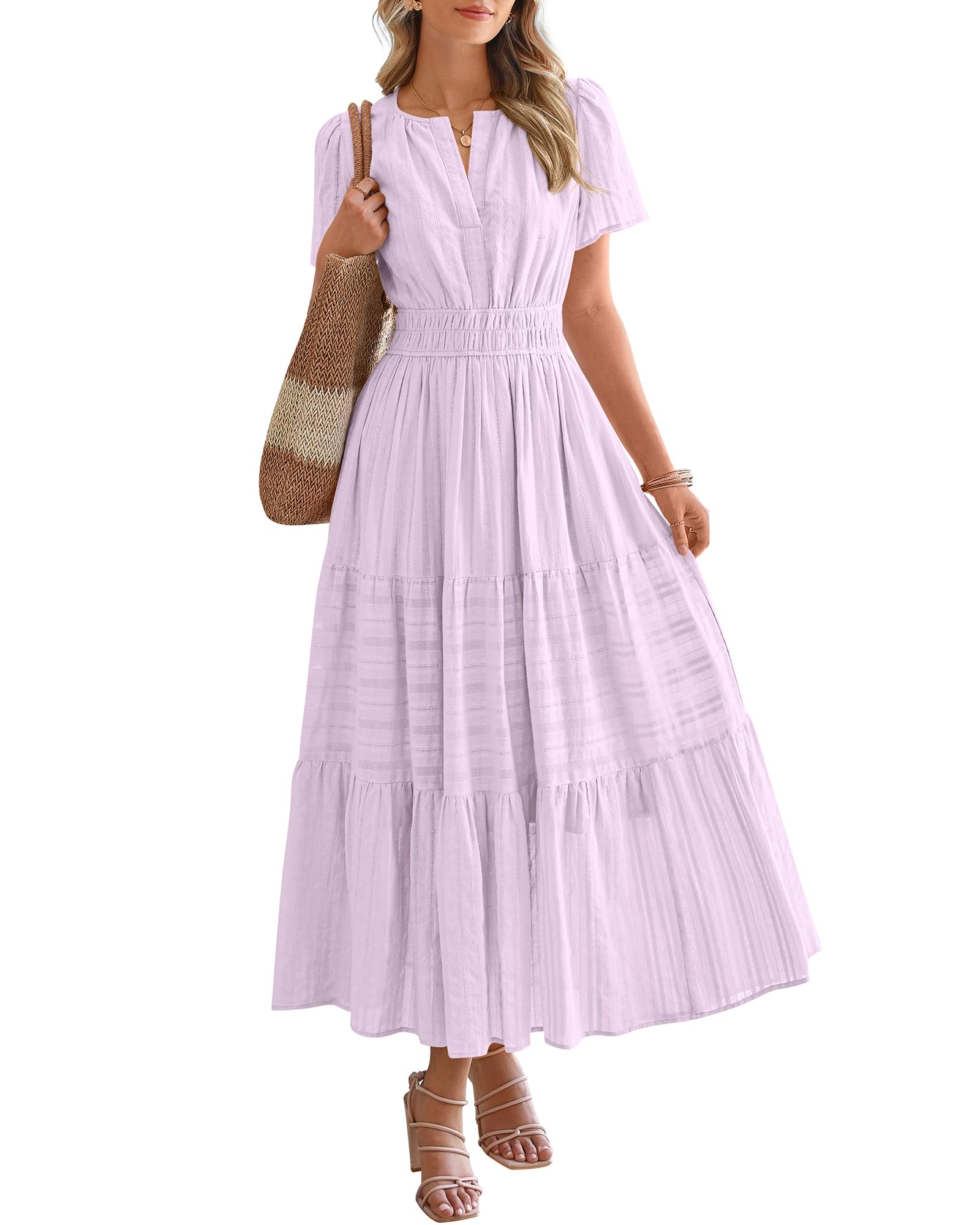 Womens Summer 2026 Casual Maxi Dresses | Lightweight Short Sleeve V Neck,Elastic Waist A Line Long Dress,Boho Beach Dress Pockets,Vacation Outfits,Fashion Clothing