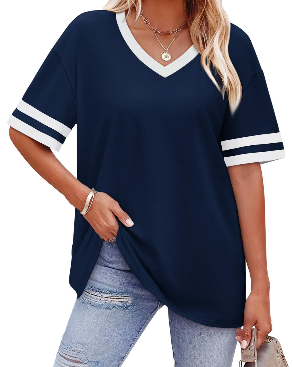 Womens T Shirts Loose Fit Short Sleeve Tees V Neck Color Block Summer Tops 2026 Fashion S-4XL