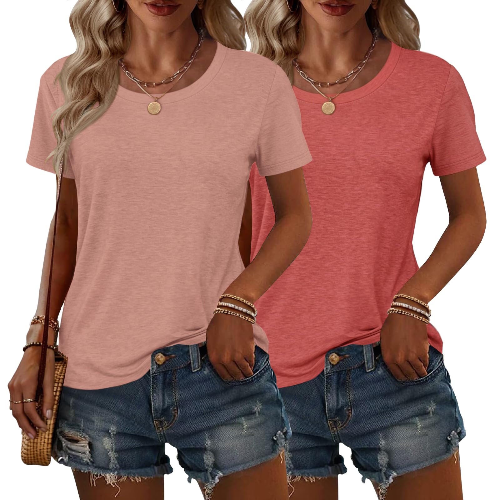 2PCS Women Short Sleeve T Shirts Crew Neck Solid Soft Basic Tee Casual Loose Fit Lightweight Summer Tops Clothes 2026