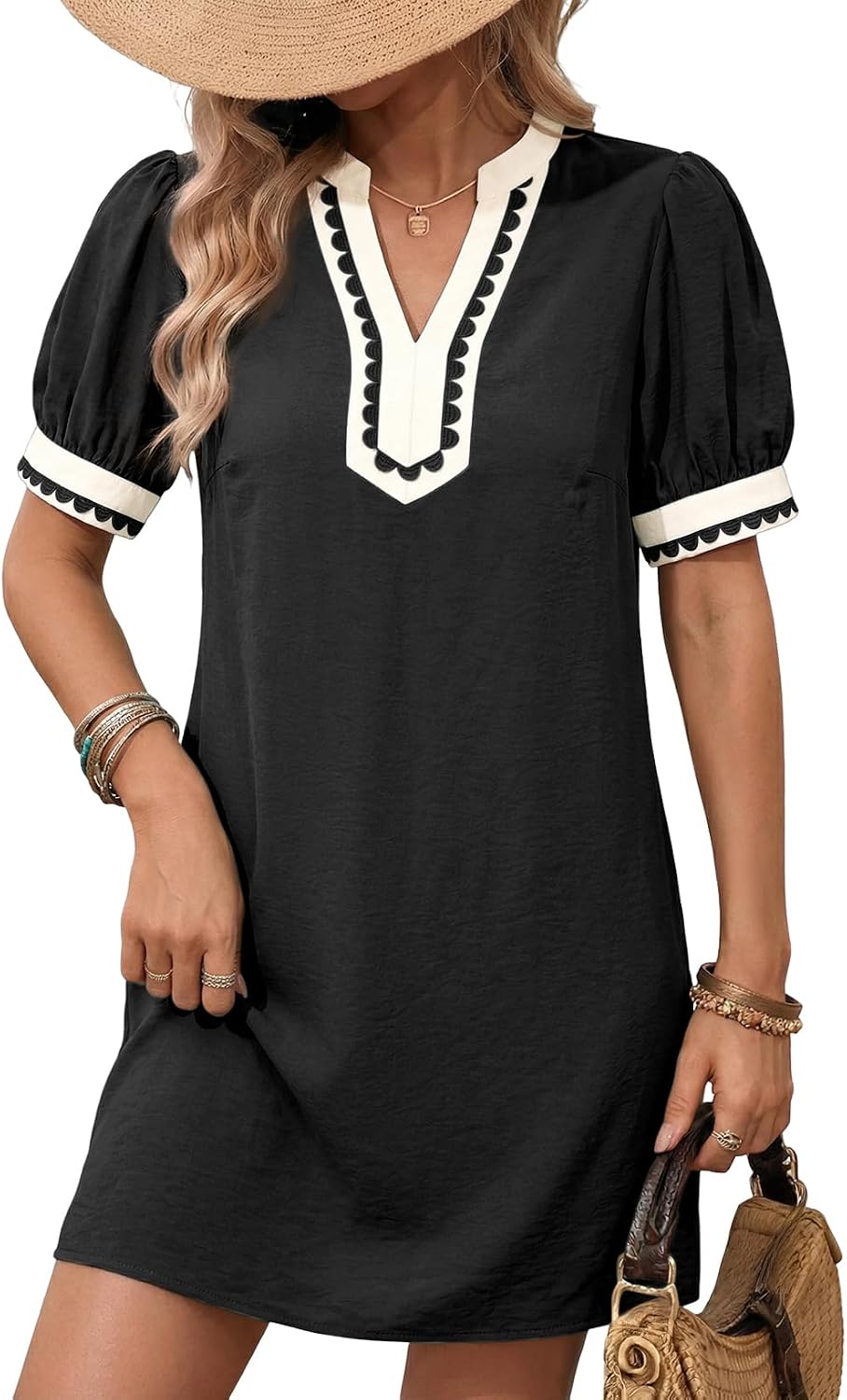 Summer Dresses for Women 2026 Boho Floral Puff Short Sleeve V Neck Trim Casual Mini Dress Sundress