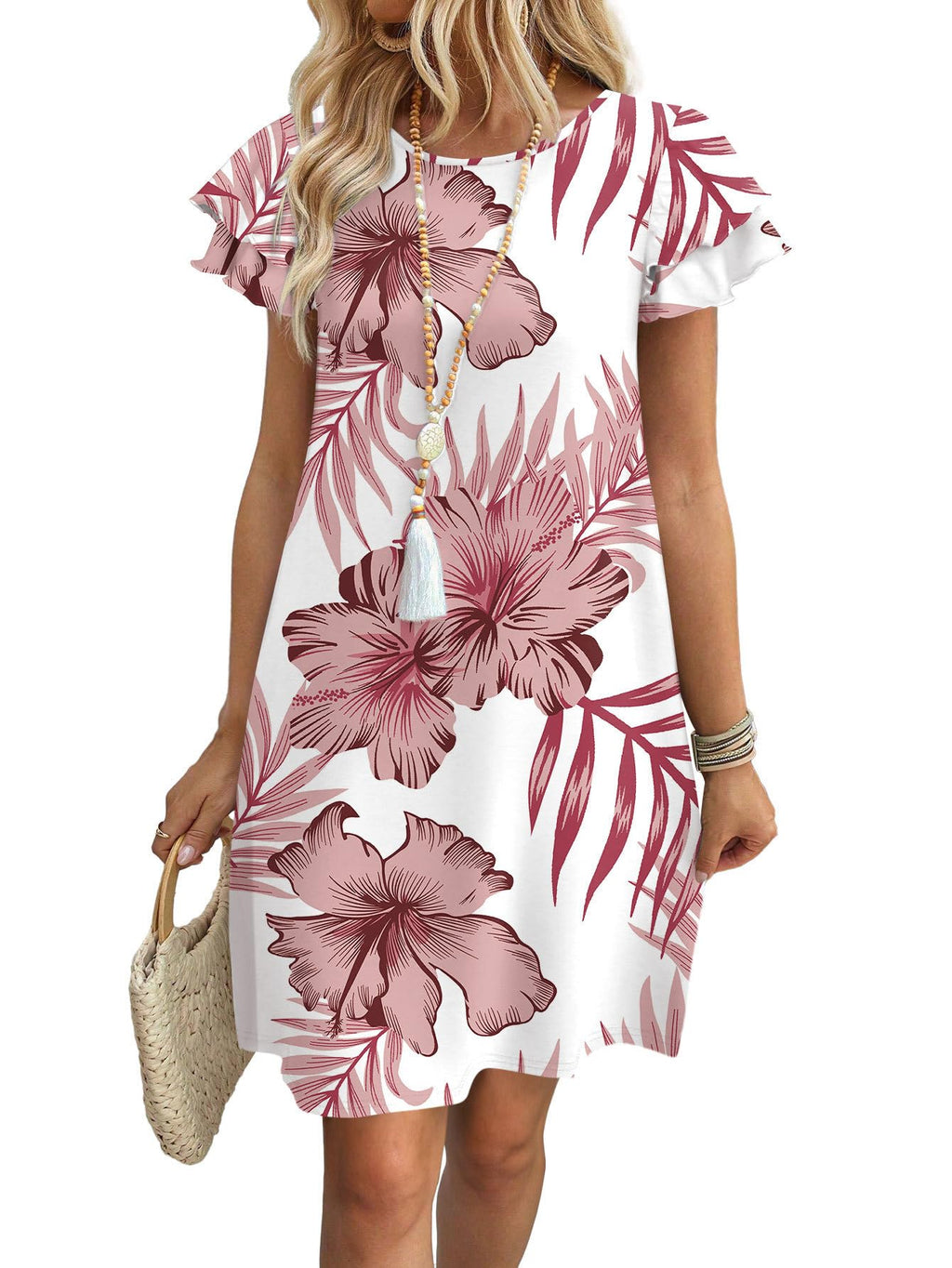 Womens Summer Dresses 2026 Ruffle Sleeve Round Neck Loose Swing Sundresses with Pockets Plain/Print