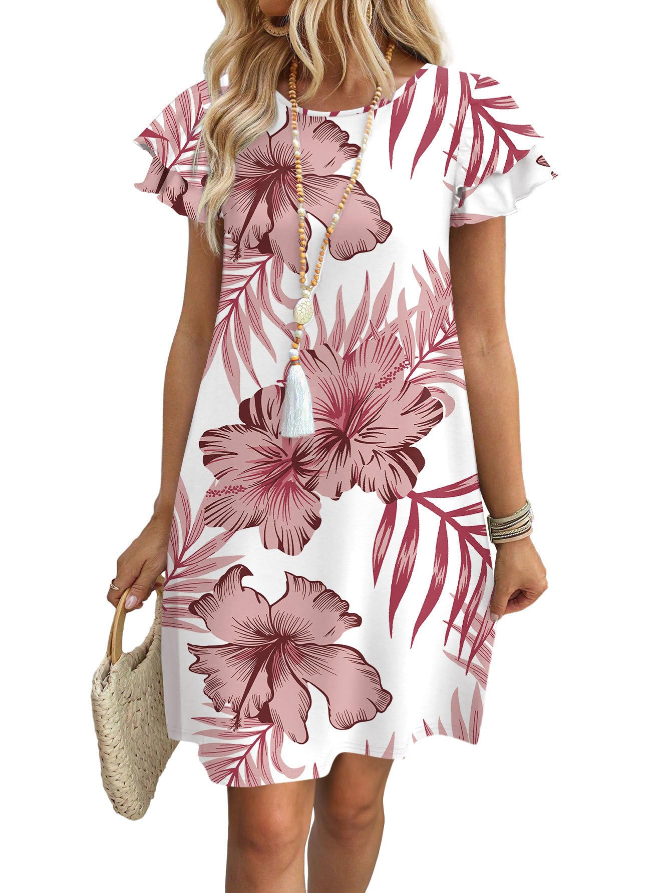 Womens Summer Dresses 2026 Ruffle Sleeve Round Neck Loose Swing Sundresses with Pockets Plain/Print
