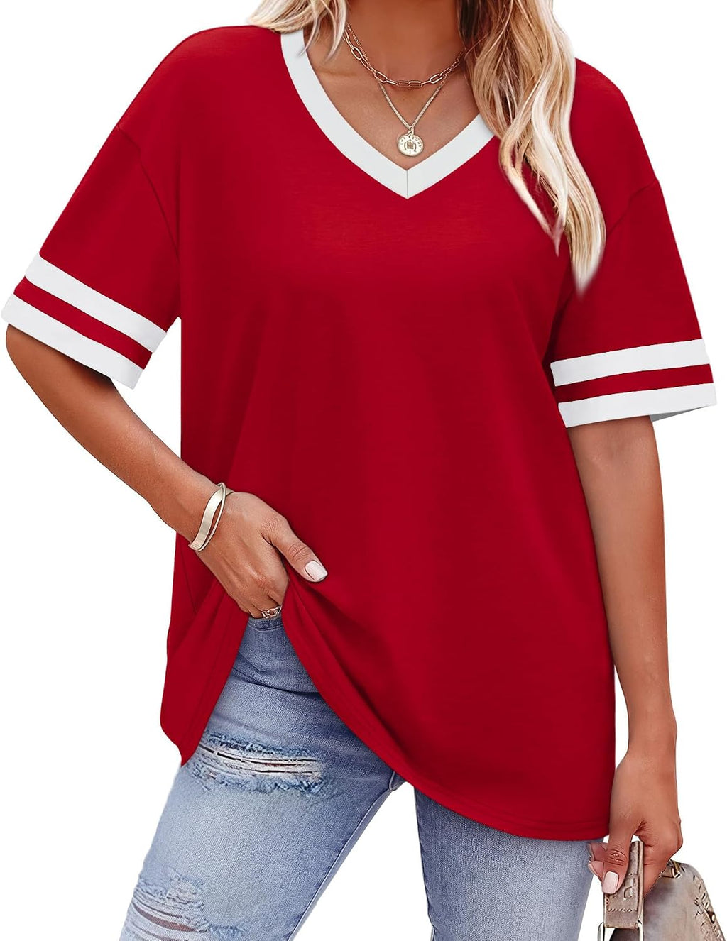 Womens T Shirts Loose Fit Short Sleeve Tees V Neck Color Block Summer Tops 2026 Fashion S-4XL