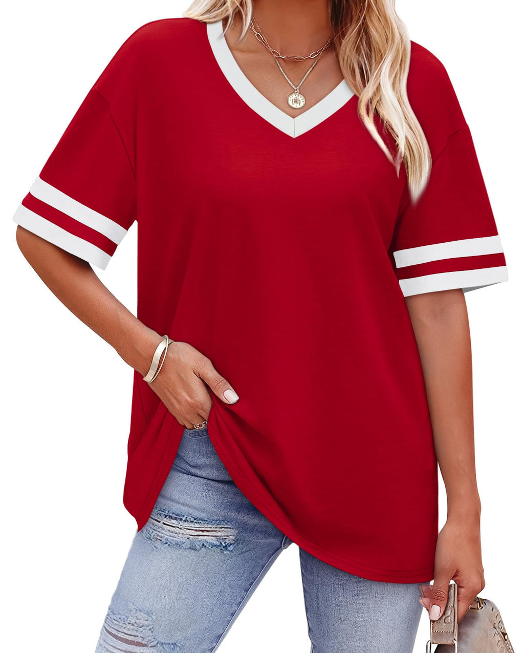 Womens T Shirts Loose Fit Short Sleeve Tees V Neck Color Block Summer Tops 2026 Fashion S-4XL