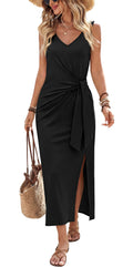 Summer Dresses for Women 2026 V Neck Sleeveless Casual Dress Elegant Work Long Midi Dresses for Women Tie Waist