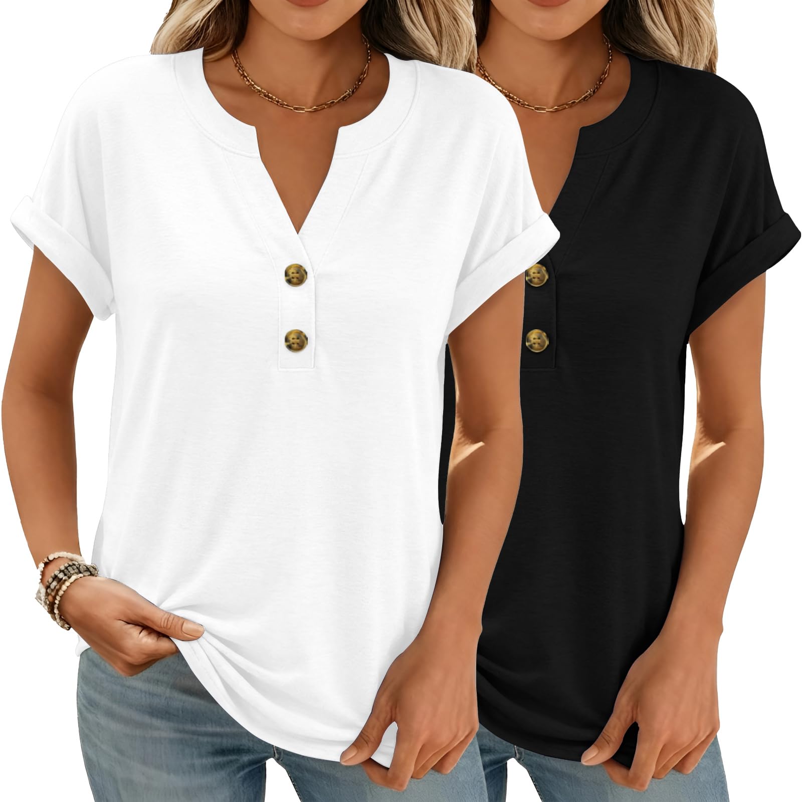 Women Tops Shorts Sleeve Shirts V Neck Henley Tops Trendy Casual T Shirts | Soft Breathable Loose Blouses Tees Outfits Clothes for Spring, Summer, Beach, Vacation, Workout