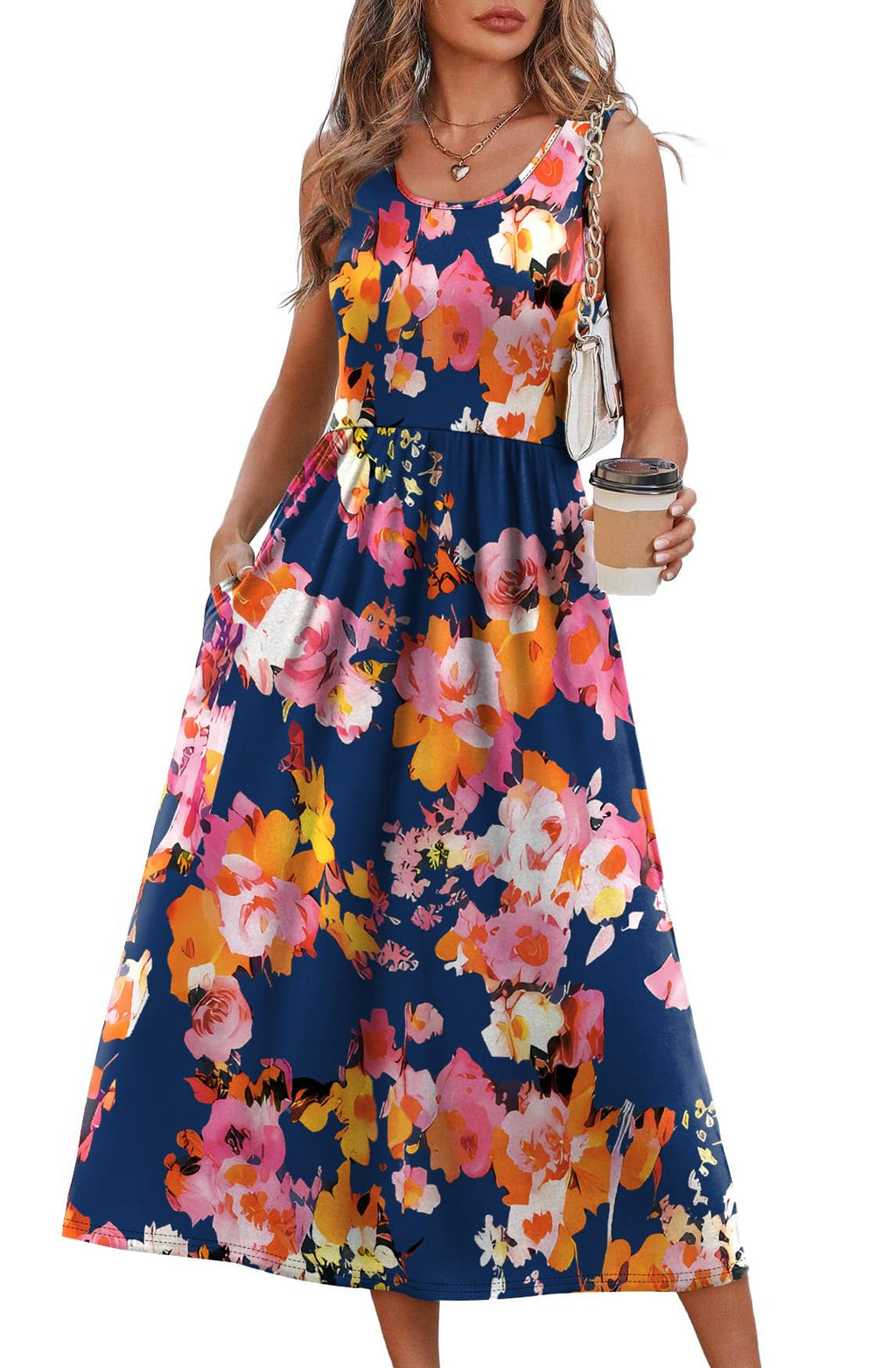 Summer Dresses for Women Flowy Casual Midi Dress Beach Vacation Sundresses with Pockets