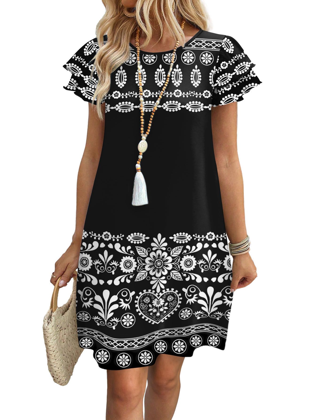 Womens Summer Dresses 2026 Ruffle Sleeve Round Neck Loose Swing Sundresses with Pockets Plain/Print