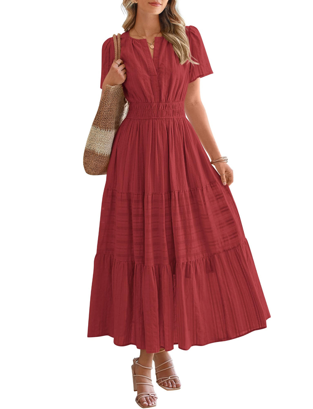 Womens Summer 2026 Casual Maxi Dresses | Lightweight Short Sleeve V Neck,Elastic Waist A Line Long Dress,Boho Beach Dress Pockets,Vacation Outfits,Fashion Clothing