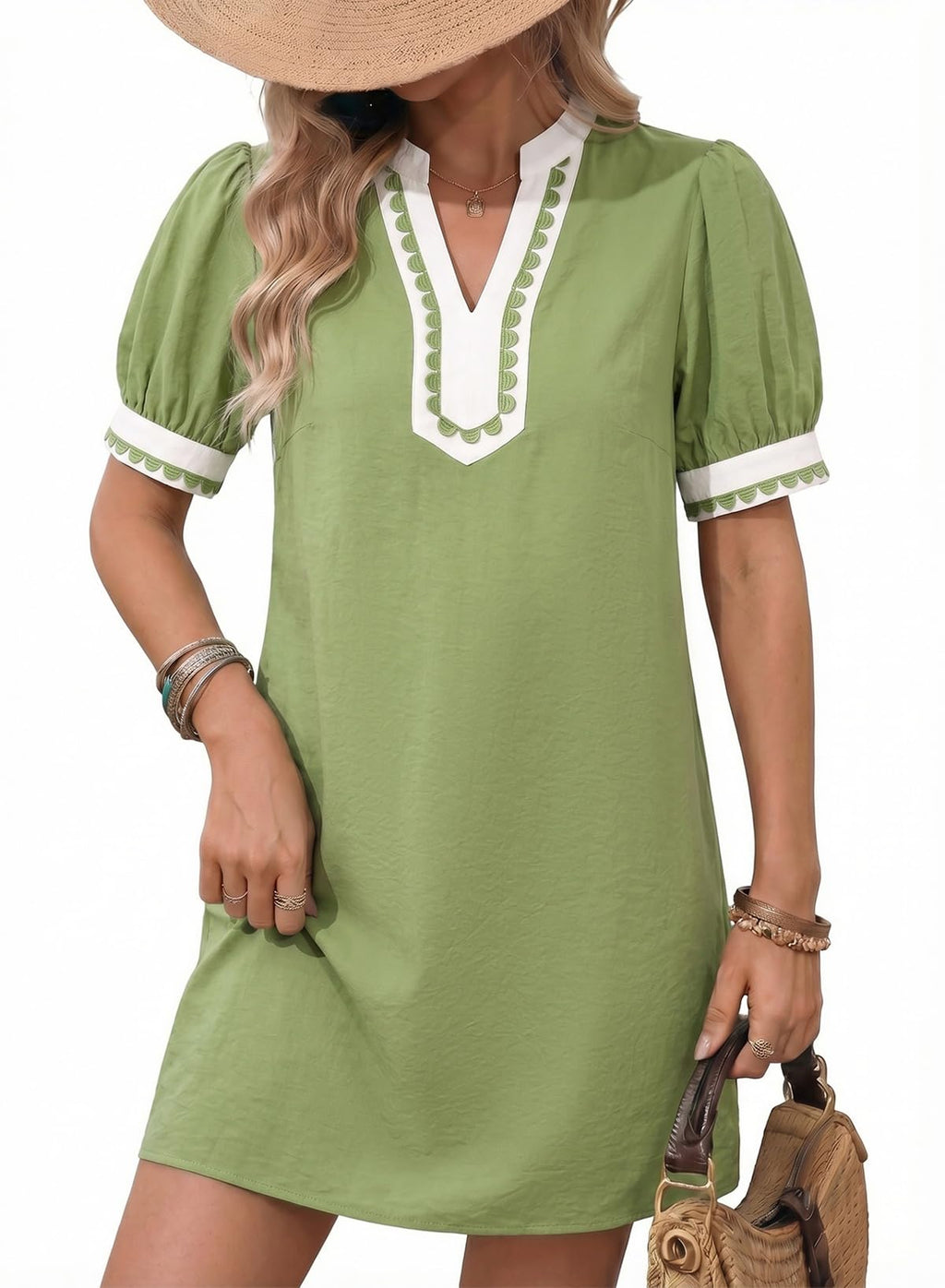 Summer Dresses for Women 2026 Boho Floral Puff Short Sleeve V Neck Trim Casual Mini Dress Sundress