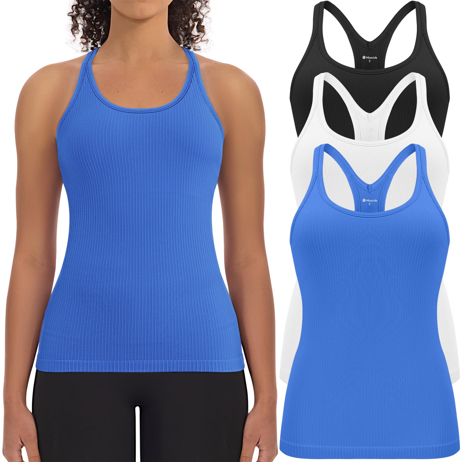 3 Pack Workout Tank Tops for Women with Built in Bra Ribbed | with Removable Pads, Seamless, Racerback, Scoop Neck, Athletic Running Gym Yoga Tops, High Stretch Fabric, Hip Length, Soft
