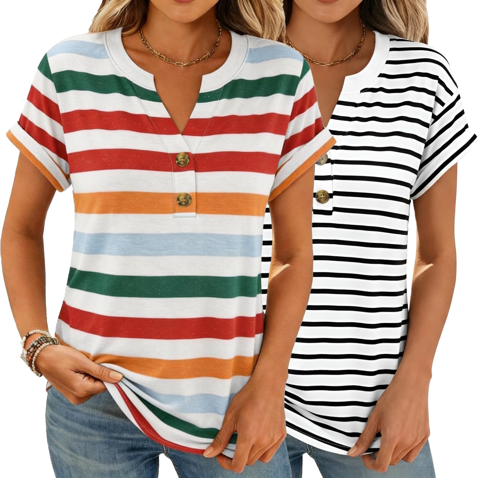 Women Tops Shorts Sleeve Shirts V Neck Henley Tops Trendy Casual T Shirts | Soft Breathable Loose Blouses Tees Outfits Clothes for Spring, Summer, Beach, Vacation, Workout