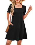 Summer Dresses for Women 2025 Casual Cute Square Neck Puff Short Sleeve Dress with Pockets