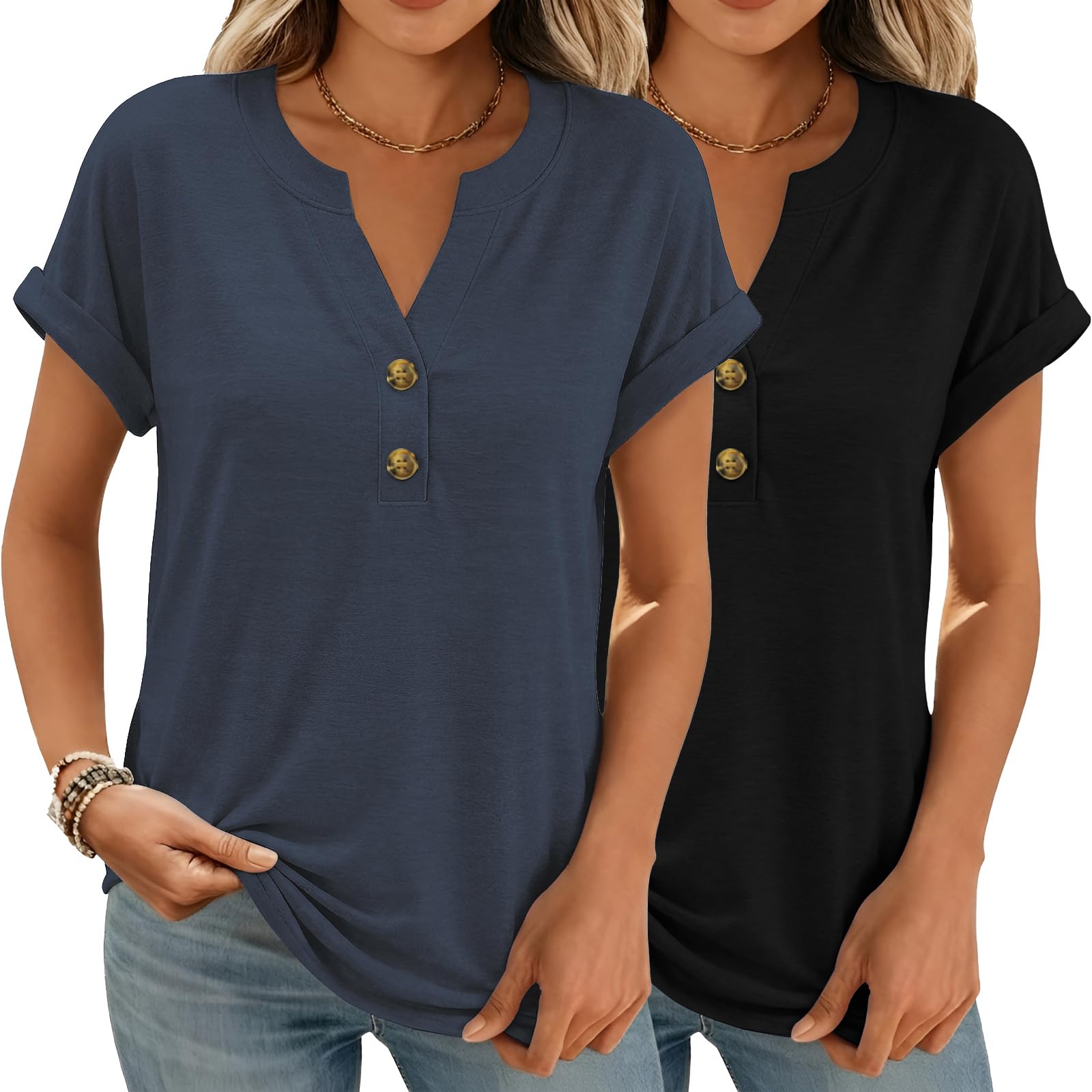 Women Tops Shorts Sleeve Shirts V Neck Henley Tops Trendy Casual T Shirts | Soft Breathable Loose Blouses Tees Outfits Clothes for Spring, Summer, Beach, Vacation, Workout