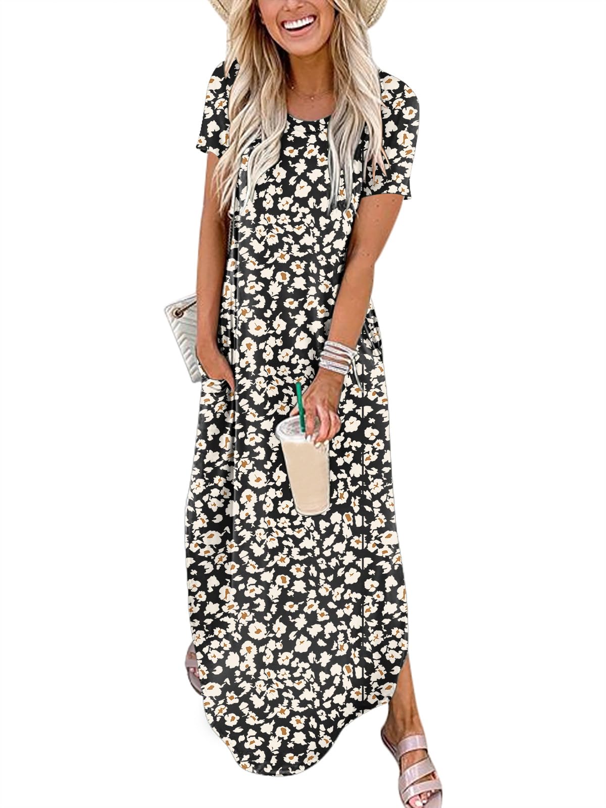 Womens Summer Maxi Dress Short Sleeve Casual Loose Long T Shirt Dresses Split Vacation Beach Sundress Travel Outfits