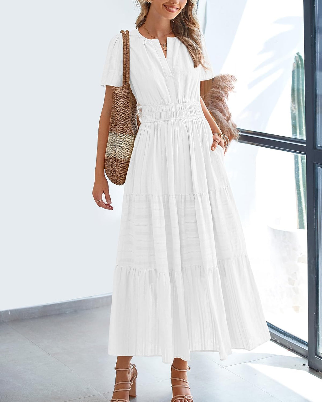 Womens Summer 2026 Casual Maxi Dresses | Lightweight Short Sleeve V Neck,Elastic Waist A Line Long Dress,Boho Beach Dress Pockets,Vacation Outfits,Fashion Clothing