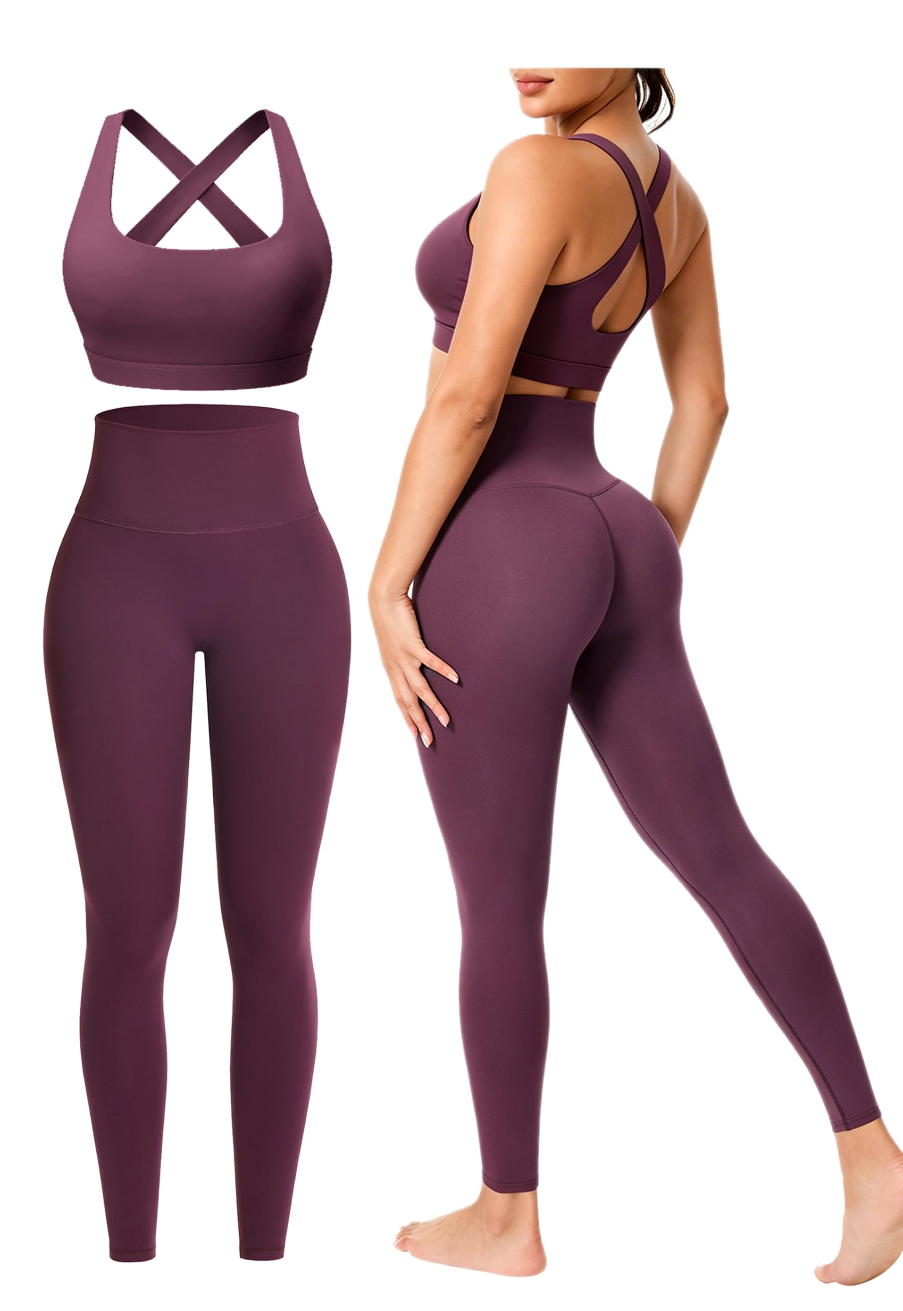 Workout Sets for Women 2 Pieces Seamless Yoga Legging Removable Bra Padding | Two Piece High-Waisted Butter Soft Activewear Plus Size Clothing Deportivo Para Mujer, Sports Supportive Cute Casual Clothes