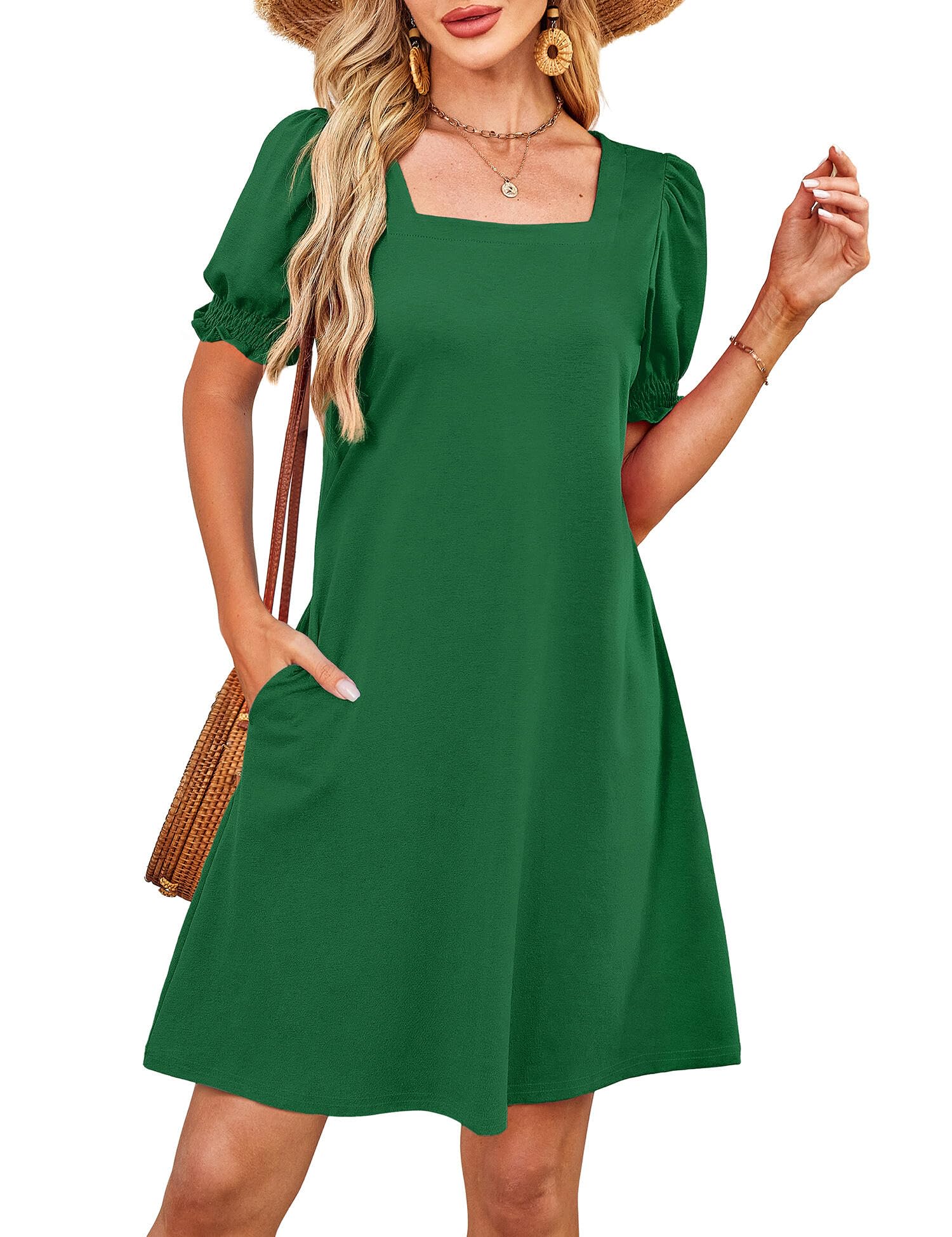 Summer Dresses for Women 2025 Casual Cute Square Neck Puff Short Sleeve Dress with Pockets