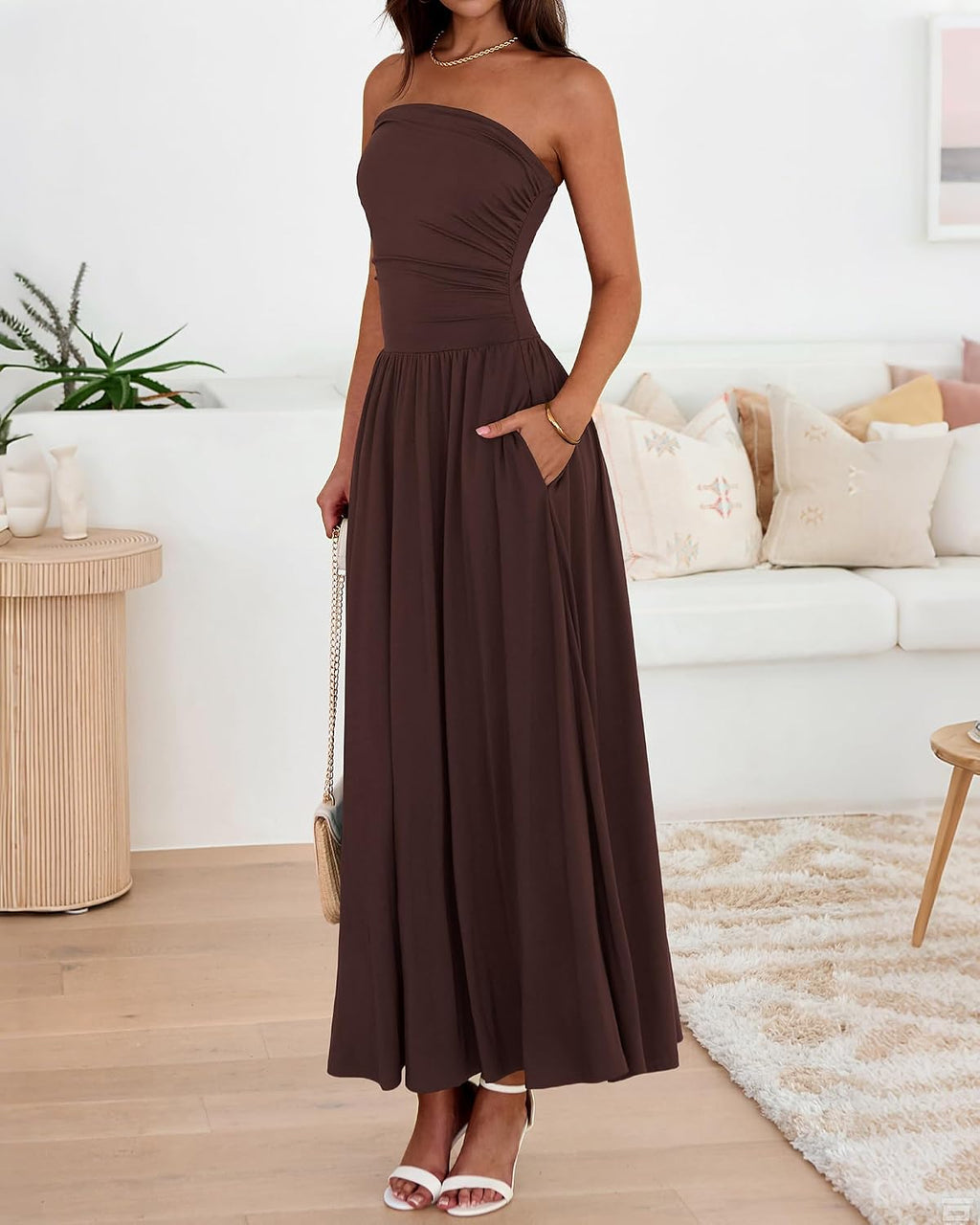 Summer Maxi Dresses for Women Strapless Tube Top Dress | Sleeveless Ruched A Line Dresses Pockets, 2026 Trendy, Flowy Long Sundress, Beach Vacation Cocktail Party Wedding Guest Dress