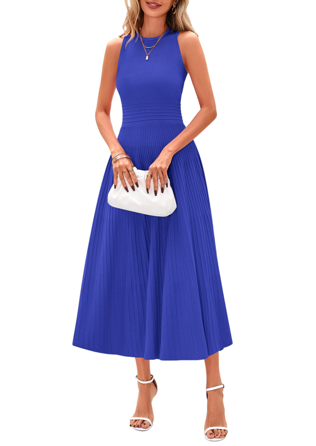 Women's Summer Pleated Midi Work Dress | Sleeveless A Line Knit Business Dresses, Spring Semi Formal Long Dress for Wedding Guest, Cocktail Party, Teacher Outfits