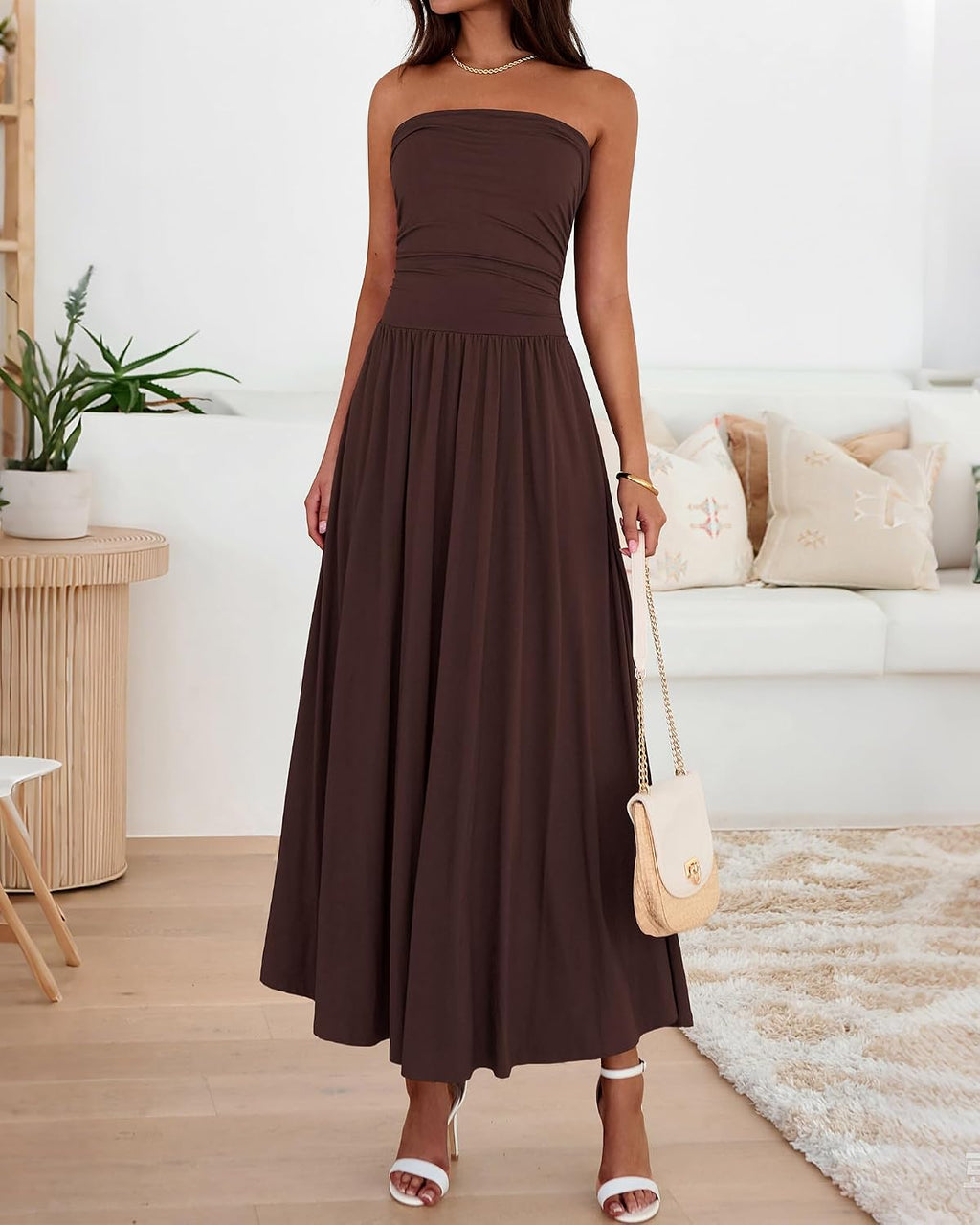 Summer Maxi Dresses for Women Strapless Tube Top Dress | Sleeveless Ruched A Line Dresses Pockets, 2026 Trendy, Flowy Long Sundress, Beach Vacation Cocktail Party Wedding Guest Dress
