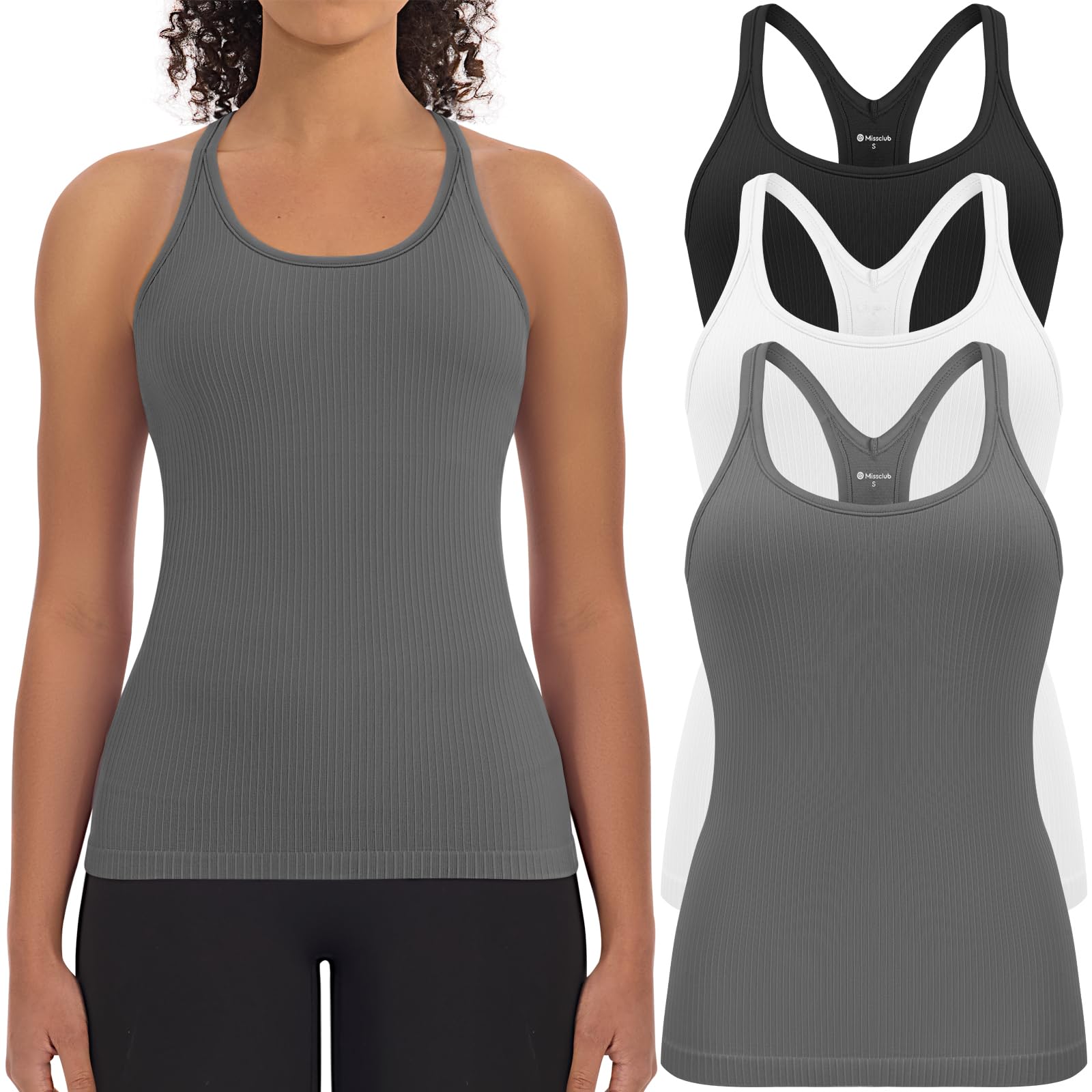 3 Pack Workout Tank Tops for Women with Built in Bra Ribbed | with Removable Pads, Seamless, Racerback, Scoop Neck, Athletic Running Gym Yoga Tops, High Stretch Fabric, Hip Length, Soft