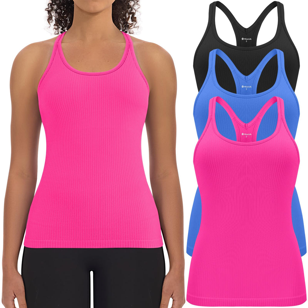 3 Pack Workout Tank Tops for Women with Built in Bra Ribbed | with Removable Pads, Seamless, Racerback, Scoop Neck, Athletic Running Gym Yoga Tops, High Stretch Fabric, Hip Length, Soft