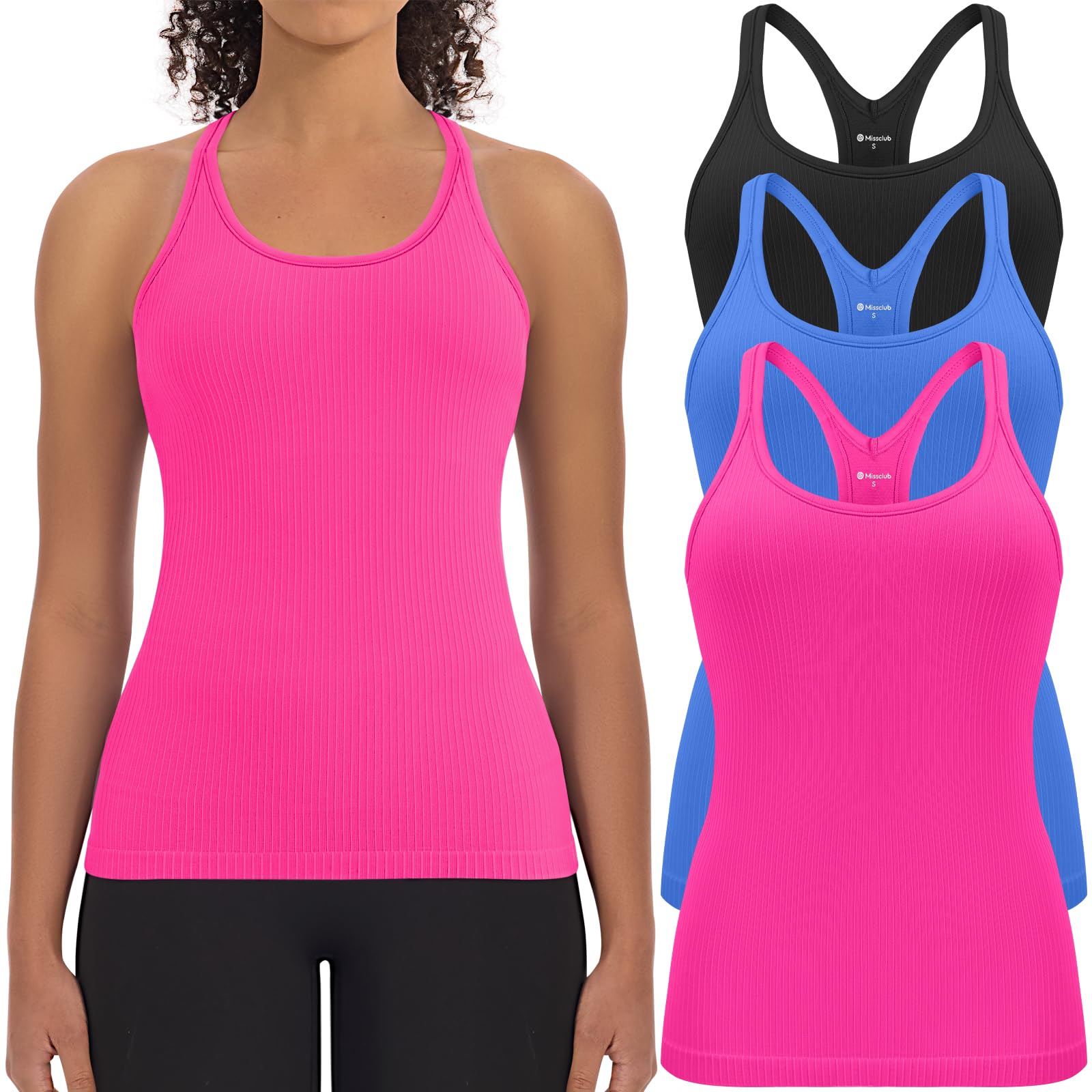 3 Pack Workout Tank Tops for Women with Built in Bra Ribbed | with Removable Pads, Seamless, Racerback, Scoop Neck, Athletic Running Gym Yoga Tops, High Stretch Fabric, Hip Length, Soft