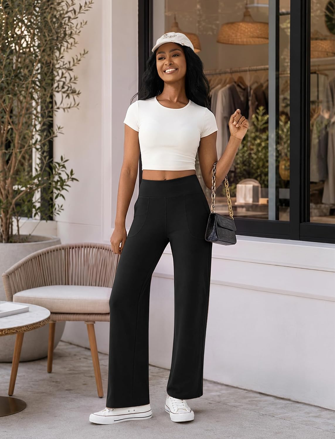 Womens Wide Leg Yoga Pants High Waist Casual Trousers with Pockets | Soft Stretchy Fabric, Two Pockets, Straight leg, Loose Dress Pants, Comfy Lounge Sweatpants for Yoga, Work, Travel, Workout
