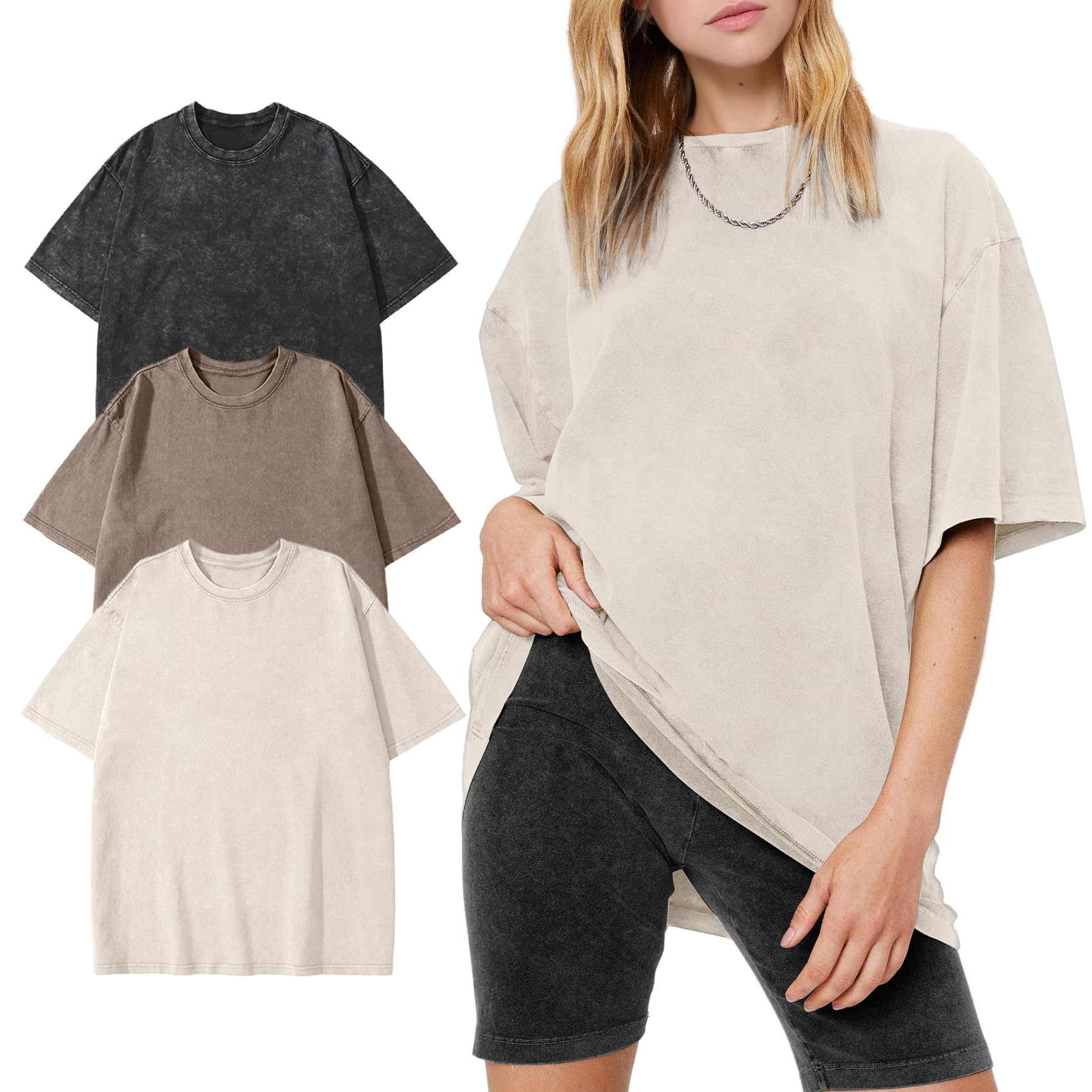 Women's Vintage Oversized T Shirts Washed Cotton Short Sleeve Tops | Soft Cotton Acid Wash Tees, Loose Baggy Boyfriend Fit, Gym, Workout, Streetwear, Casual Daily Outfits