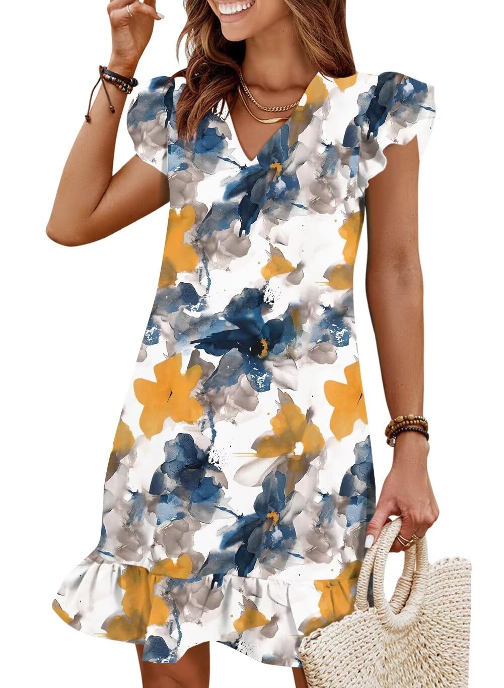 Summer Dresses for Women 2026 Beach Vacation Mini Sundress | Flutter Ruffle Cap Sleeves, V Neck, Ruffle Hem Shift Dress, Casual Loose Fit, Spring Wedding Guest Outfits