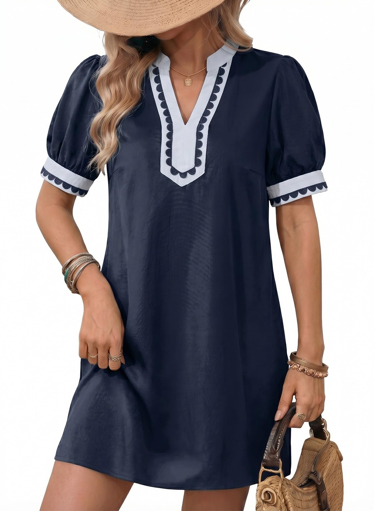 Summer Dresses for Women 2026 Boho Floral Puff Short Sleeve V Neck Trim Casual Mini Dress Sundress