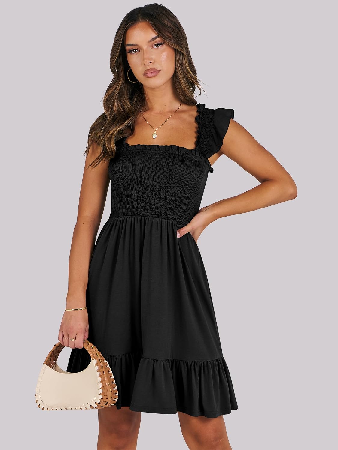 Women's Summer Casual Sleeveless Square Neck Dress 2026 Smocked Ruffle Backless Boho Beach Cute Teen Short Sundress