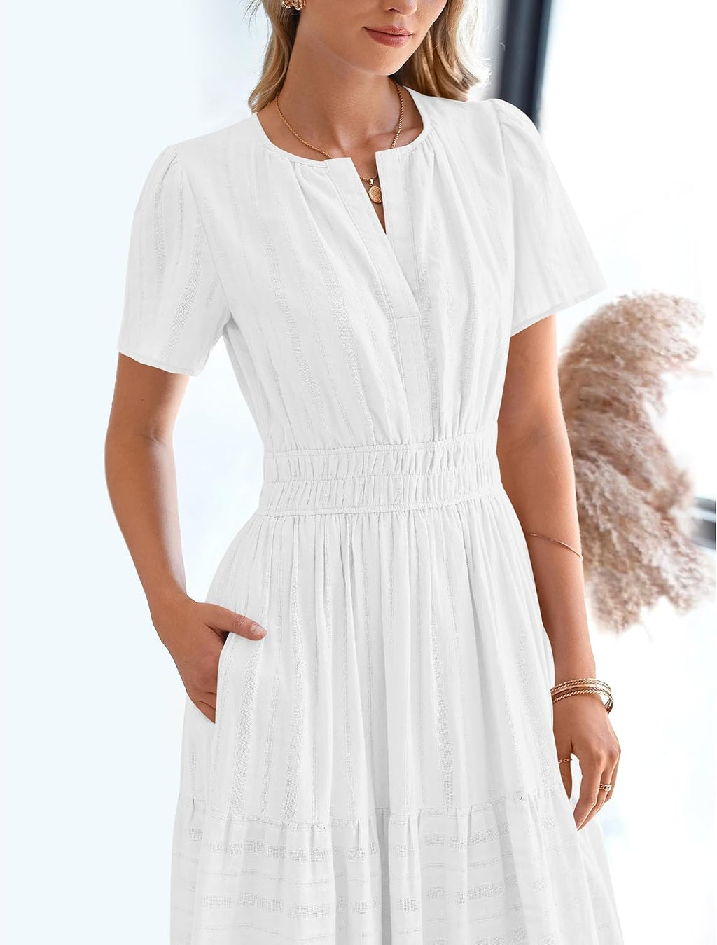 Womens Summer 2026 Casual Maxi Dresses | Lightweight Short Sleeve V Neck,Elastic Waist A Line Long Dress,Boho Beach Dress Pockets,Vacation Outfits,Fashion Clothing