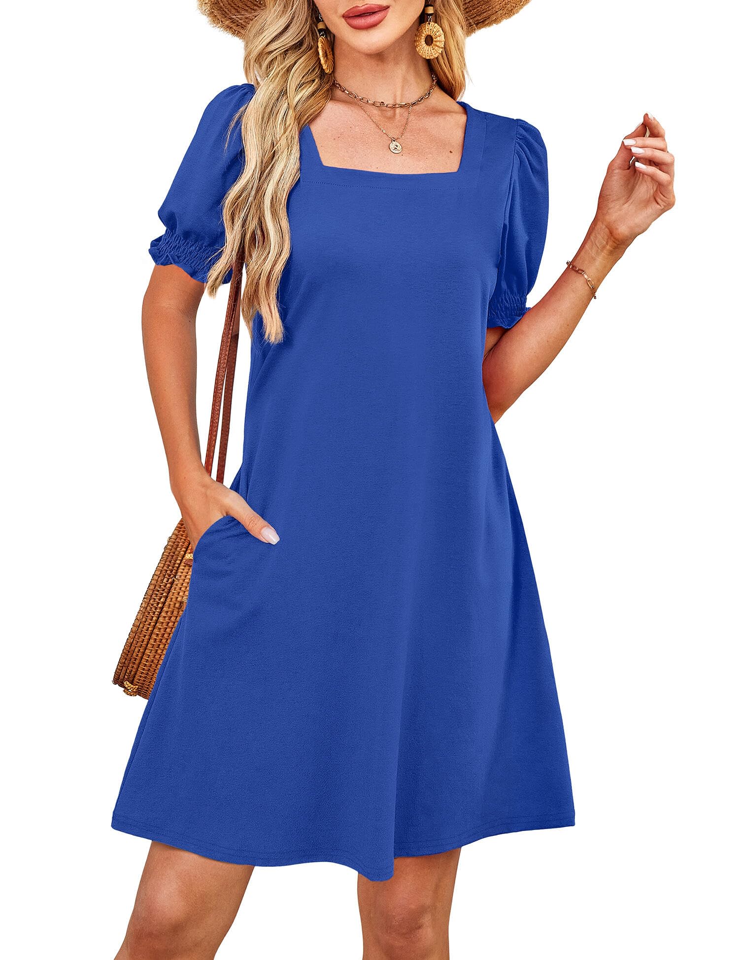 Summer Dresses for Women 2025 Casual Cute Square Neck Puff Short Sleeve Dress with Pockets