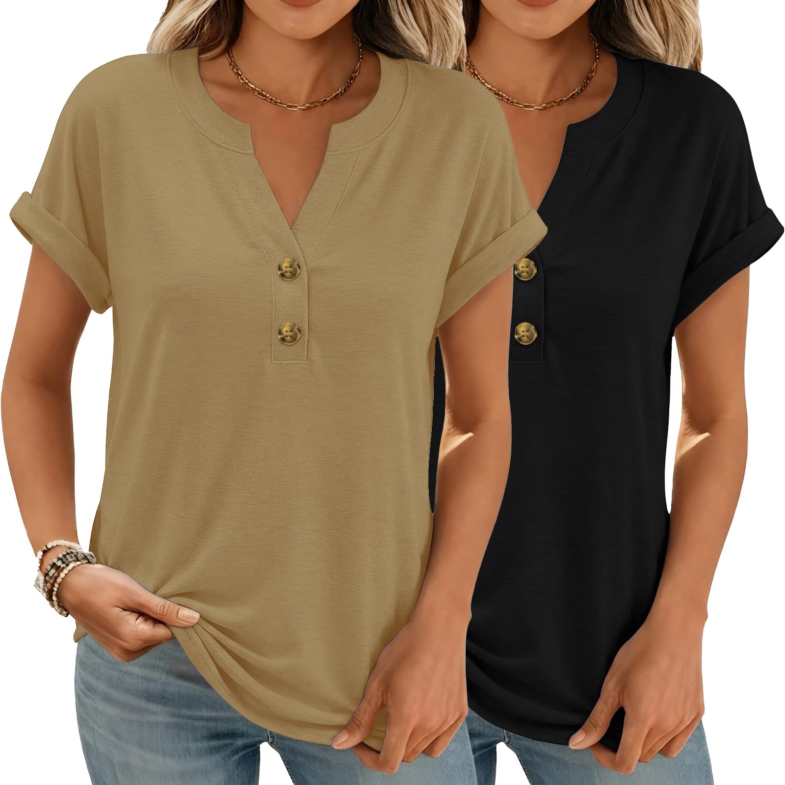 Women Tops Shorts Sleeve Shirts V Neck Henley Tops Trendy Casual T Shirts | Soft Breathable Loose Blouses Tees Outfits Clothes for Spring, Summer, Beach, Vacation, Workout