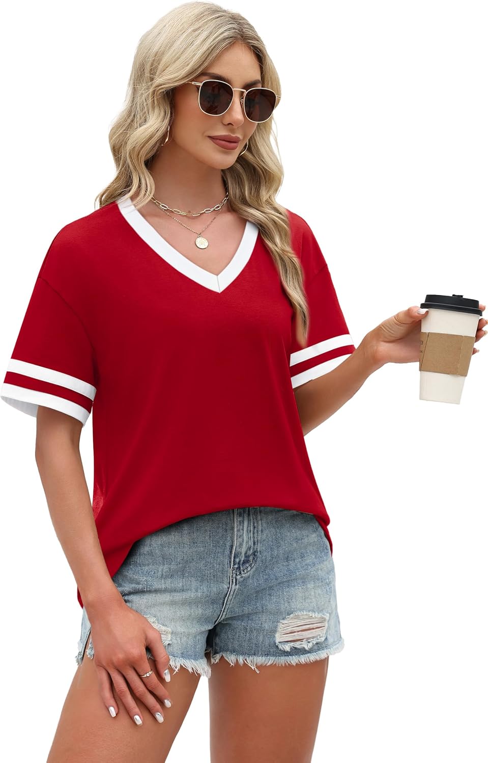 Womens T Shirts Loose Fit Short Sleeve Tees V Neck Color Block Summer Tops 2026 Fashion S-4XL