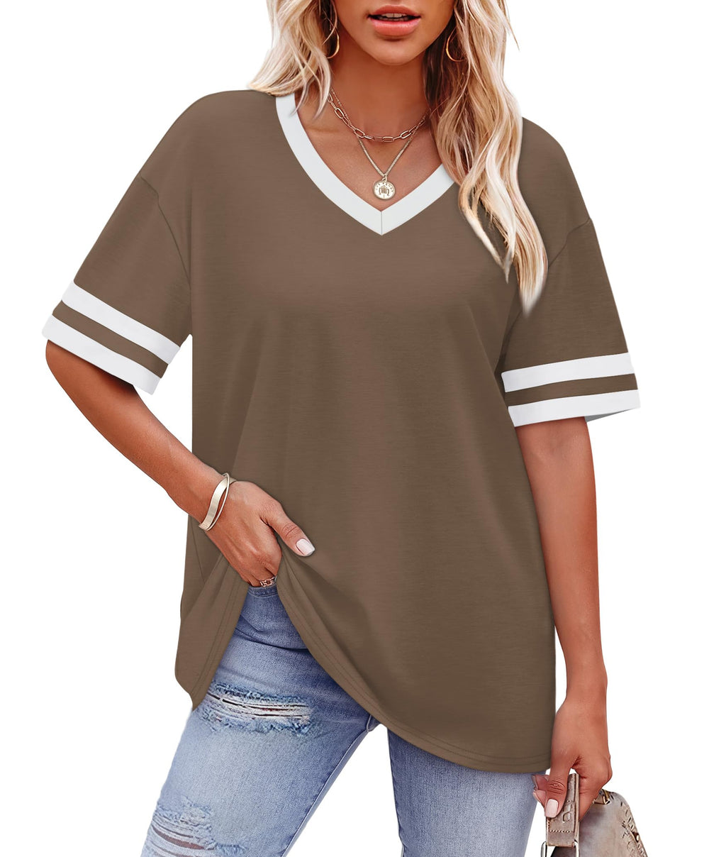 Womens T Shirts Loose Fit Short Sleeve Tees V Neck Color Block Summer Tops 2026 Fashion S-4XL