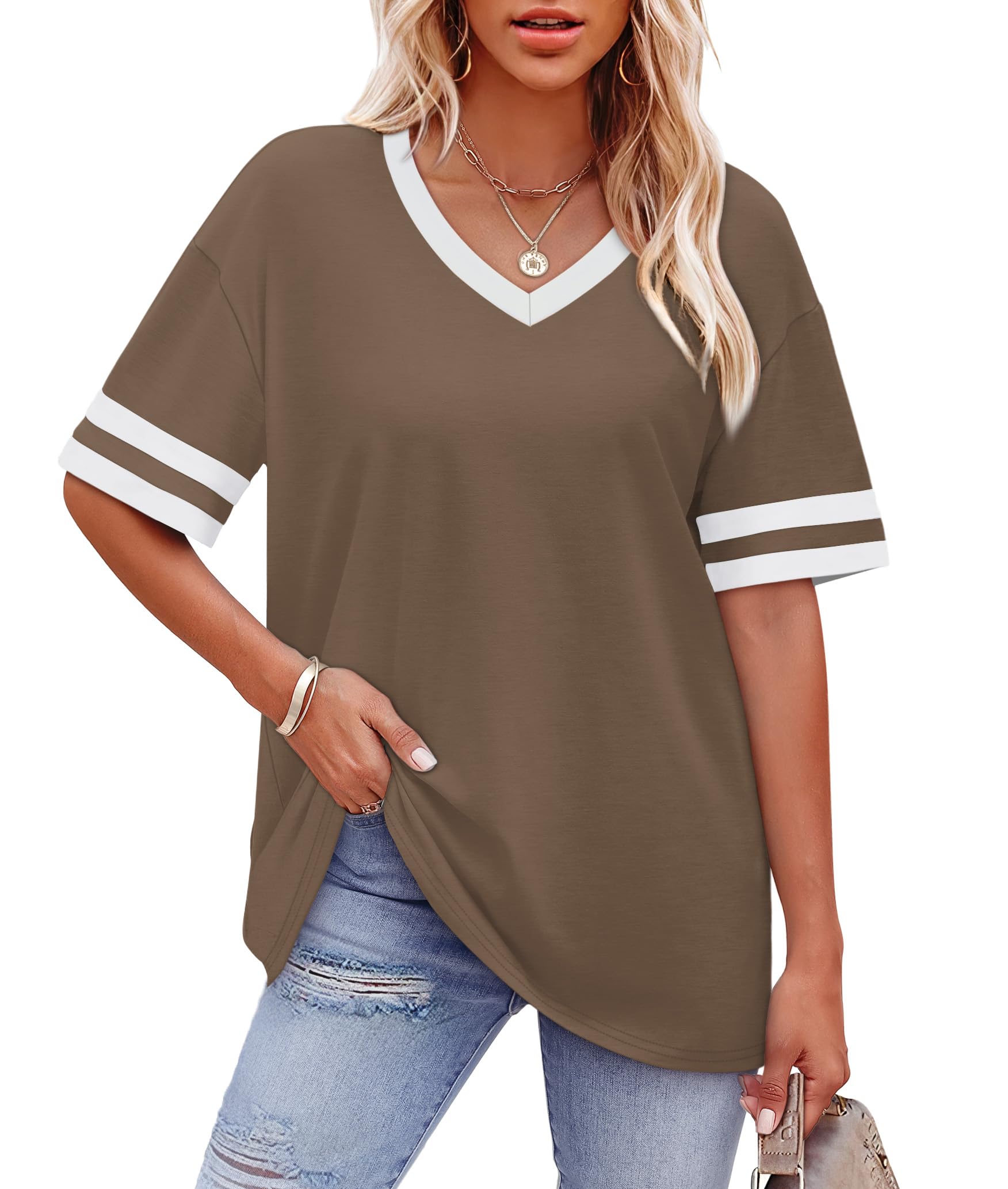Womens T Shirts Loose Fit Short Sleeve Tees V Neck Color Block Summer Tops 2026 Fashion S-4XL
