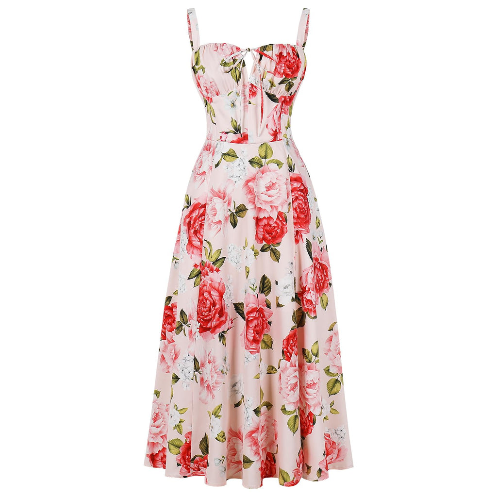 Women Floral Corset Dress Summer Dress 2026 Boho Flowy Slit Lace Up Midi Dresses Going Out A Line Casual Sundress