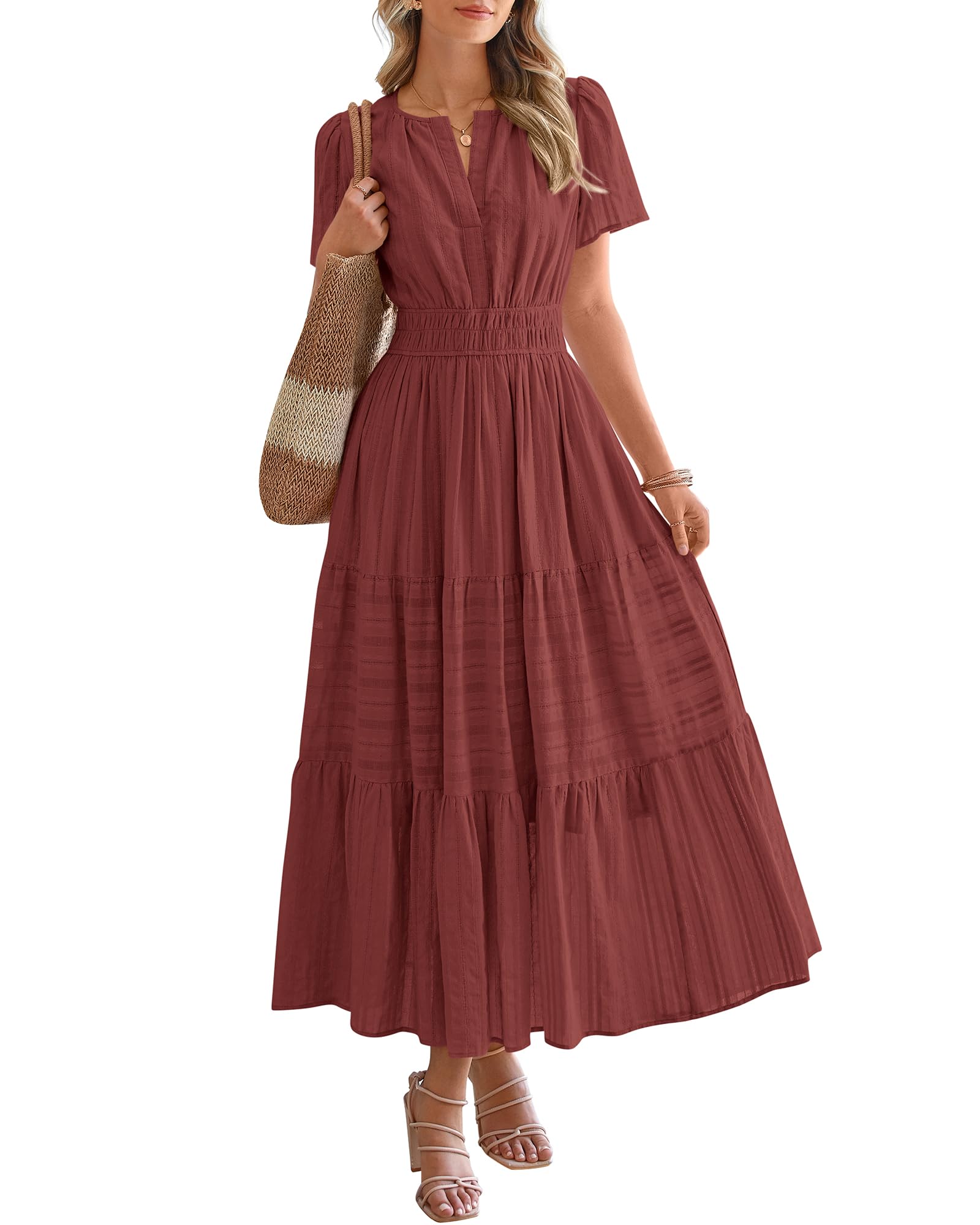 Womens Summer 2026 Casual Maxi Dresses | Lightweight Short Sleeve V Neck,Elastic Waist A Line Long Dress,Boho Beach Dress Pockets,Vacation Outfits,Fashion Clothing