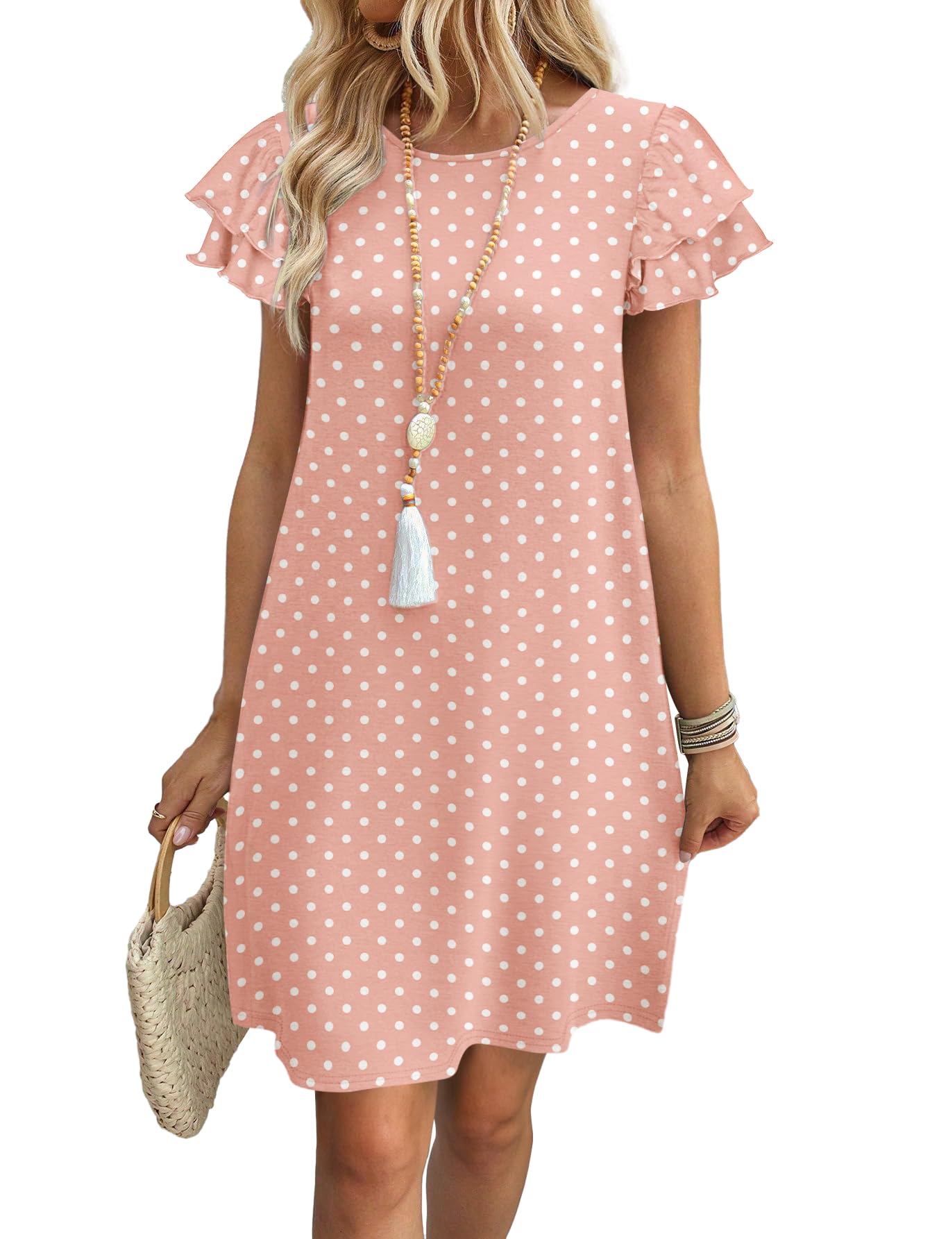 Womens Summer Dresses 2026 Ruffle Sleeve Round Neck Loose Swing Sundresses with Pockets Plain/Print