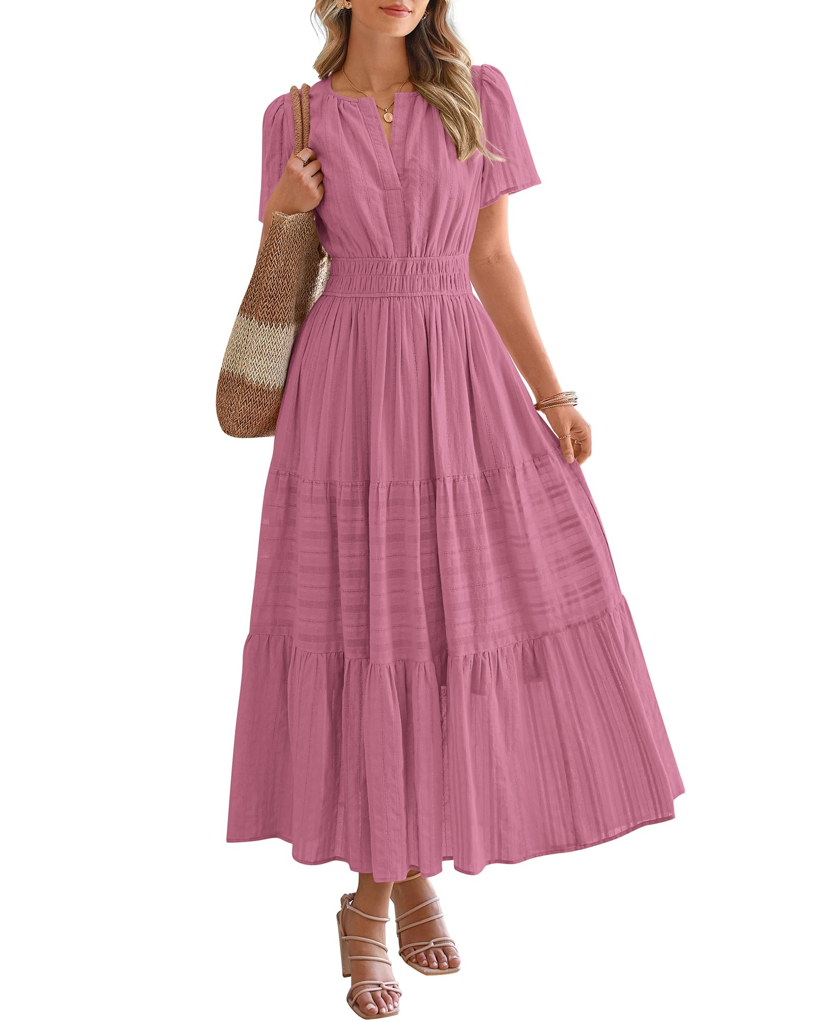 Womens Summer 2026 Casual Maxi Dresses | Lightweight Short Sleeve V Neck,Elastic Waist A Line Long Dress,Boho Beach Dress Pockets,Vacation Outfits,Fashion Clothing