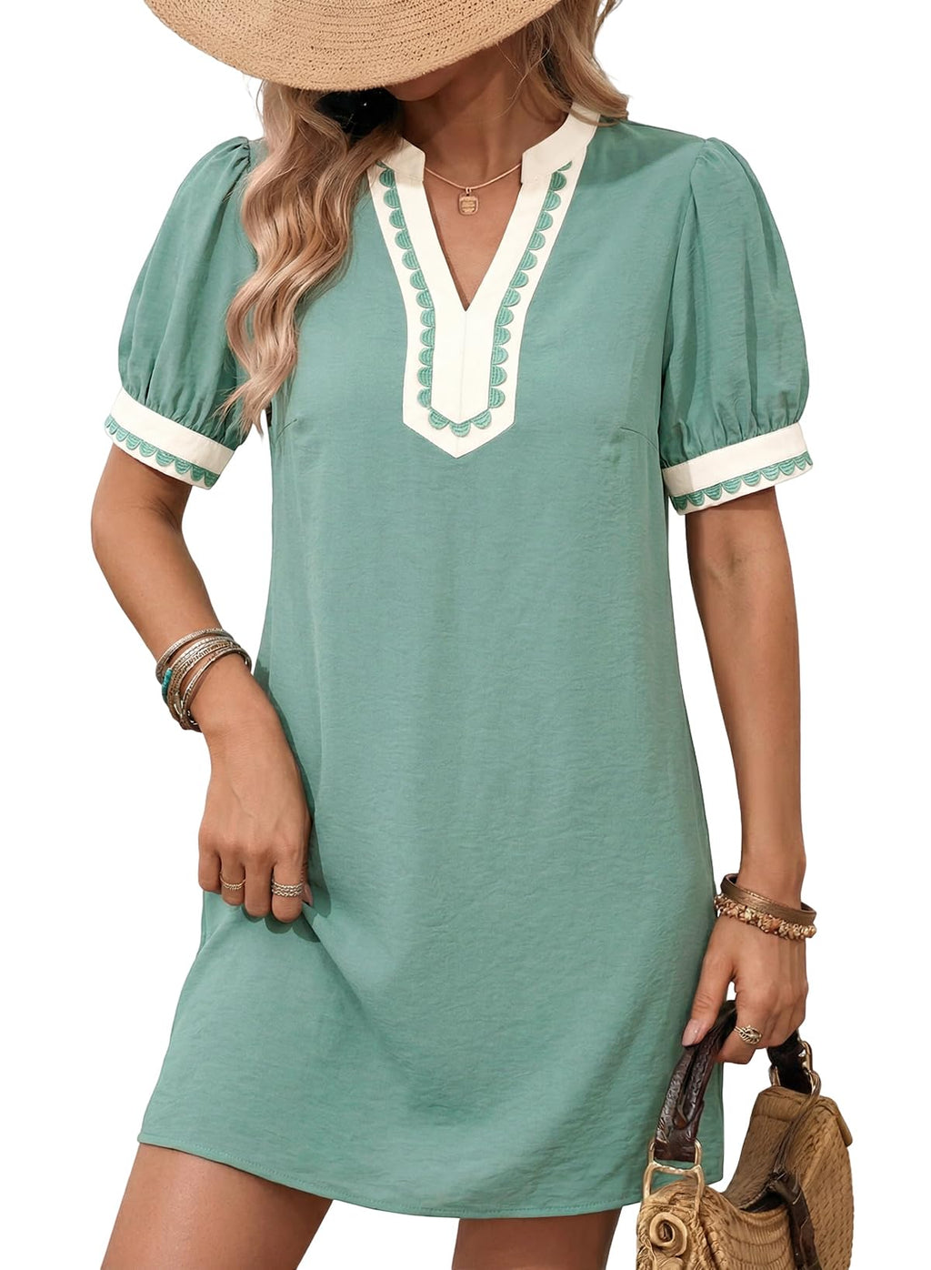 Summer Dresses for Women 2026 Boho Floral Puff Short Sleeve V Neck Trim Casual Mini Dress Sundress