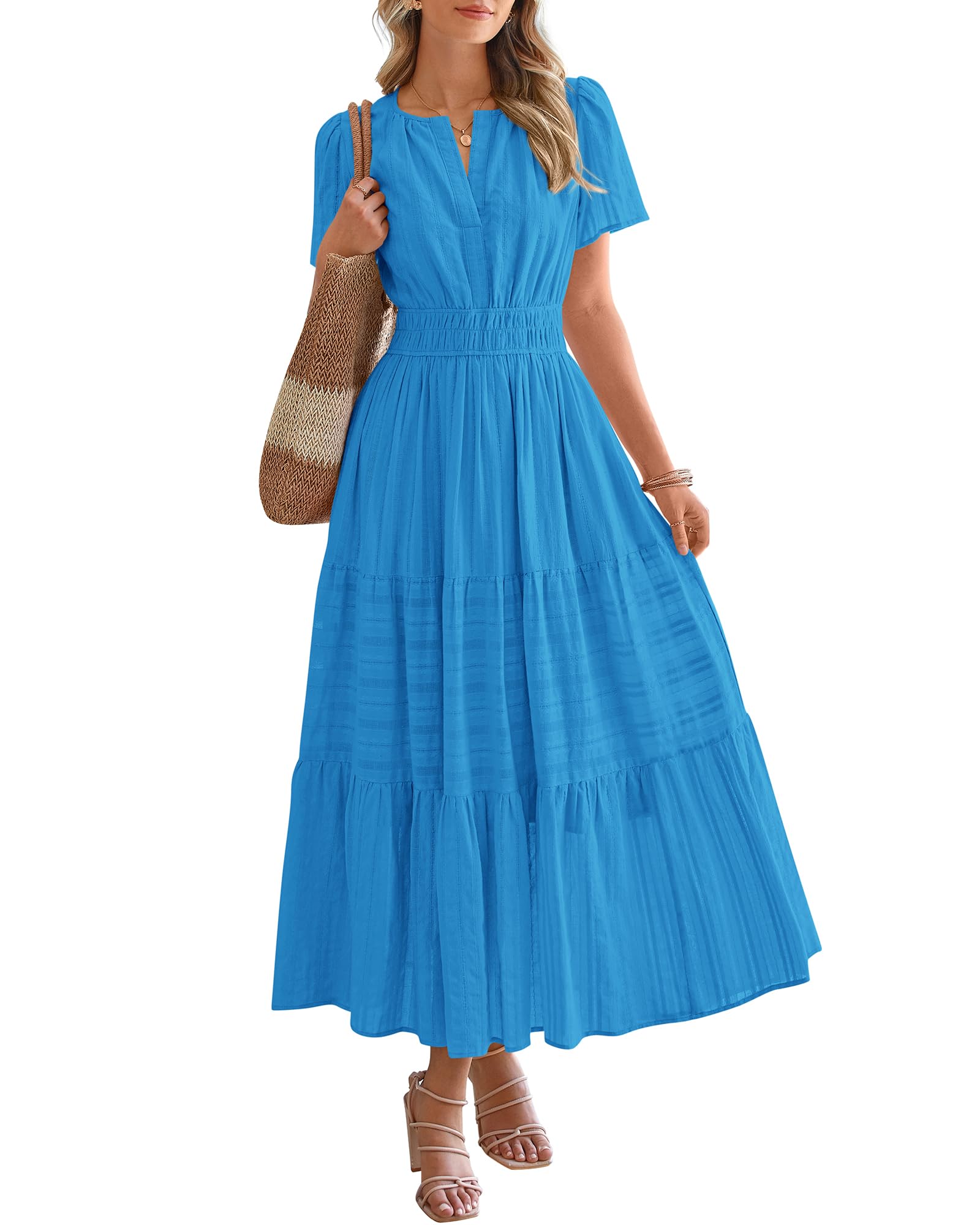 Womens Summer 2026 Casual Maxi Dresses | Lightweight Short Sleeve V Neck,Elastic Waist A Line Long Dress,Boho Beach Dress Pockets,Vacation Outfits,Fashion Clothing